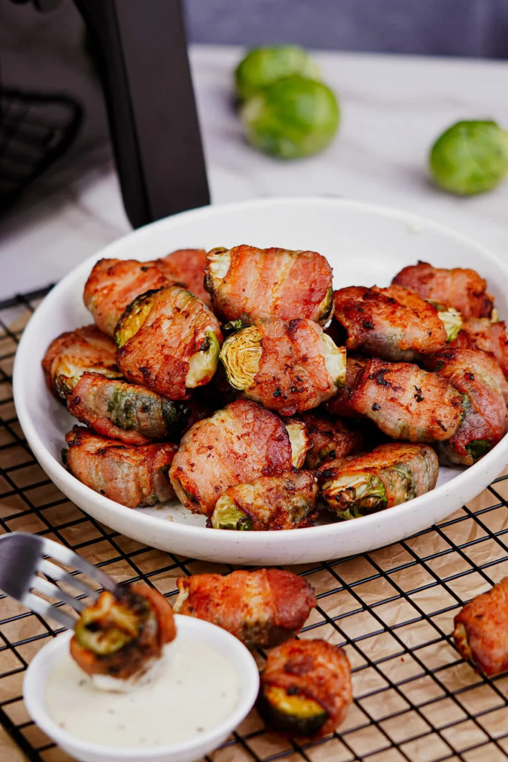 Air Fryer Brussels Sprouts with Sorghum Molasses Bacon