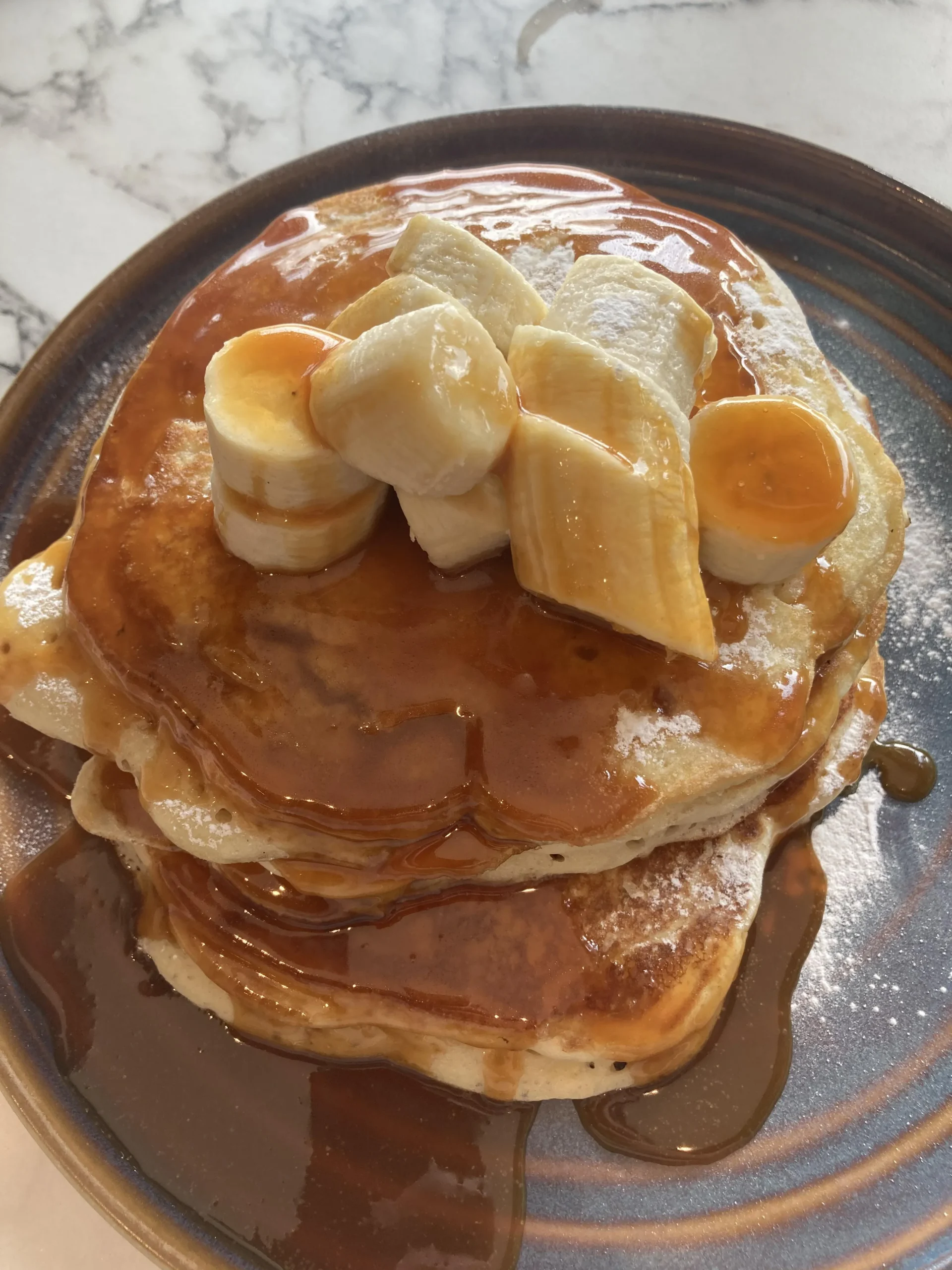 American Buttermilk Pancakes with Bananas Toffee Sauce