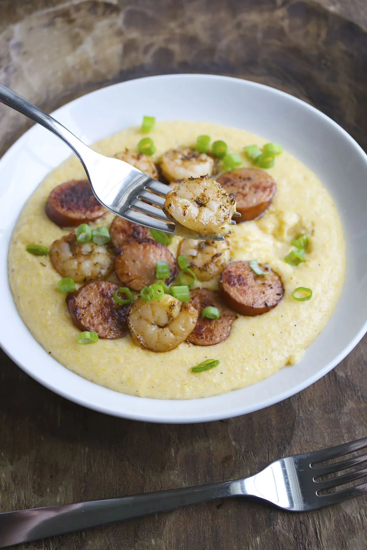 Andouille Sausage Jerk Shrimp and Cheddar Grits