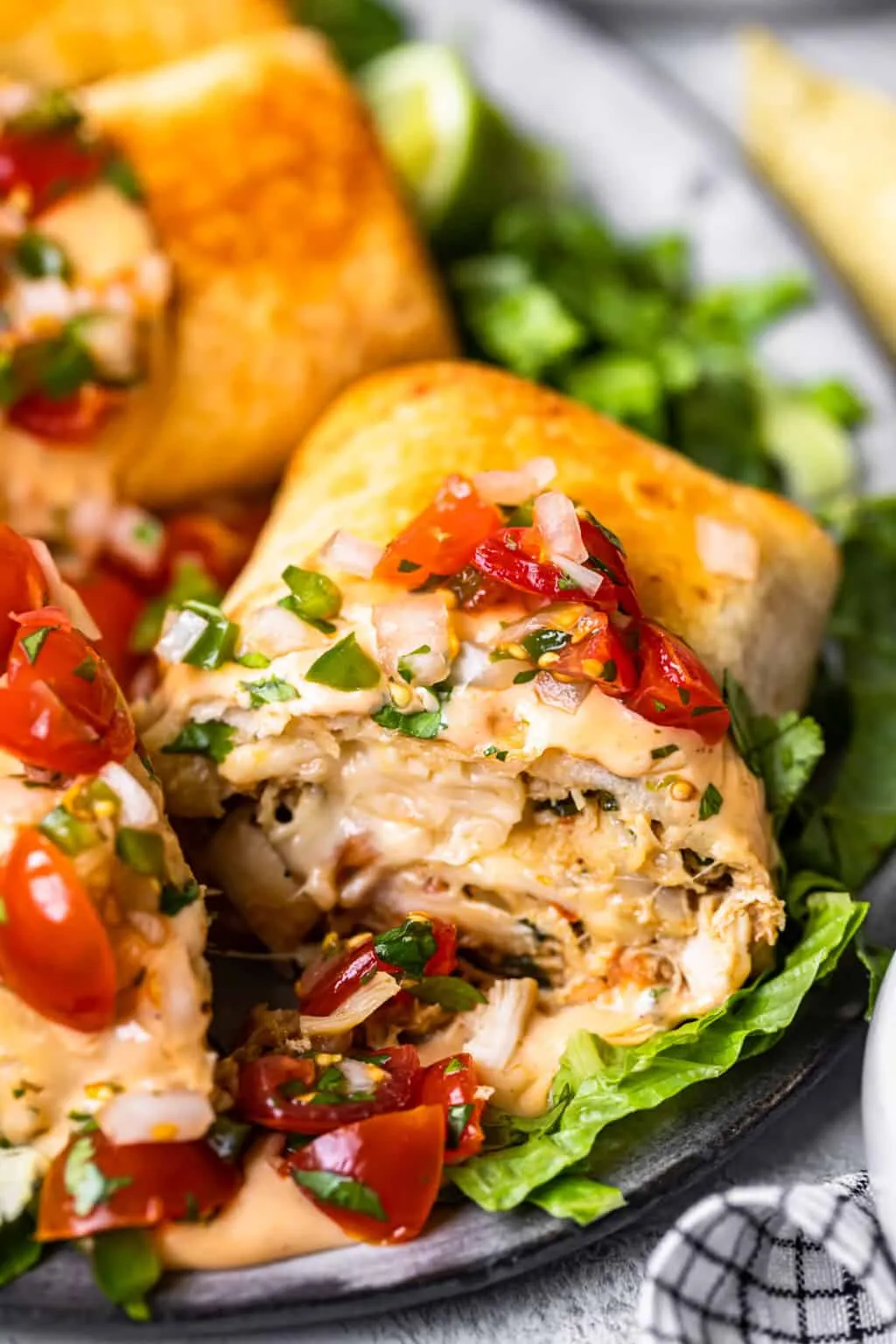 Baked Chimichanga with Chicken, Pesto, and Havarti