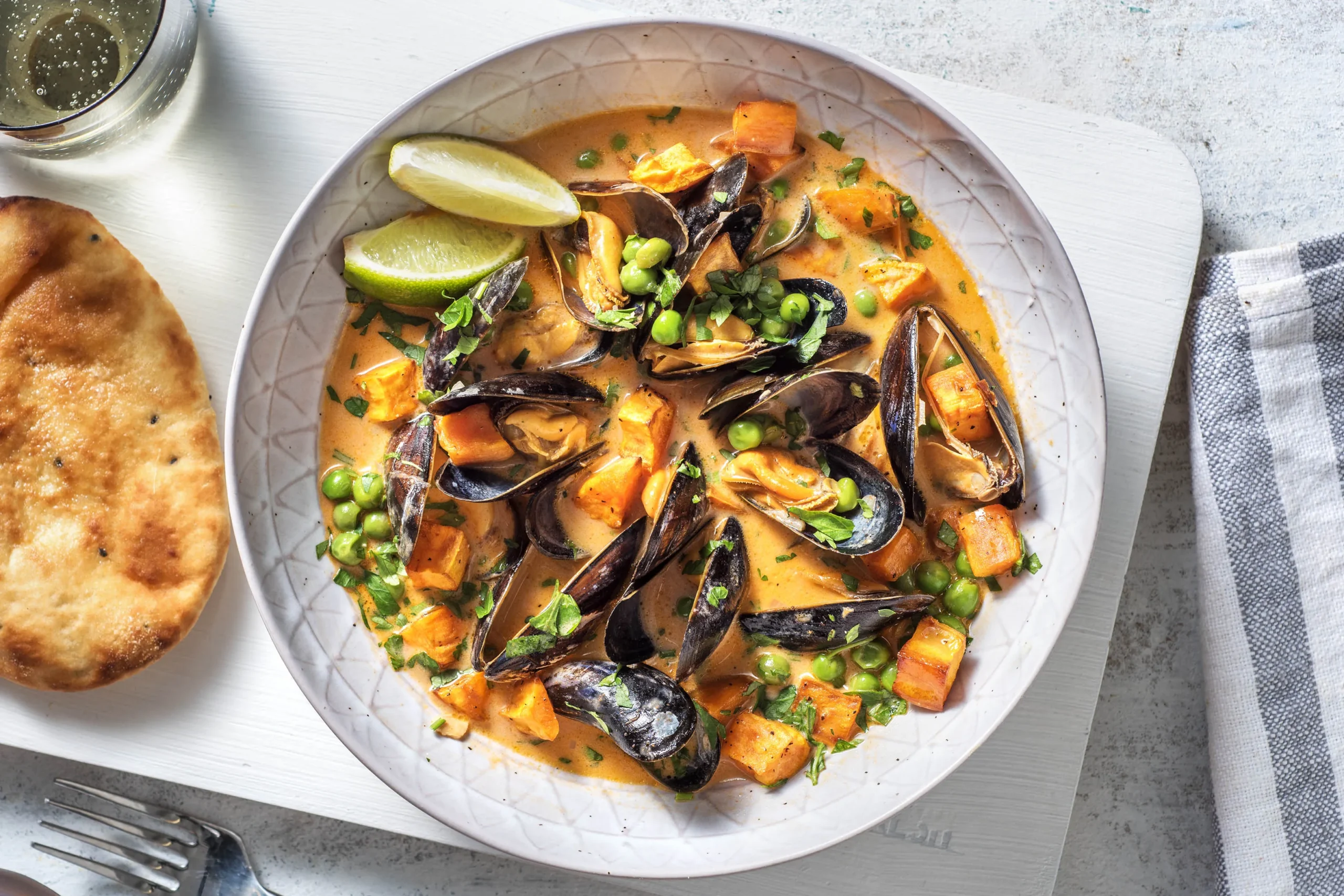 Basil Coconut Curry Pasta with Clams, Mussels, and Corn