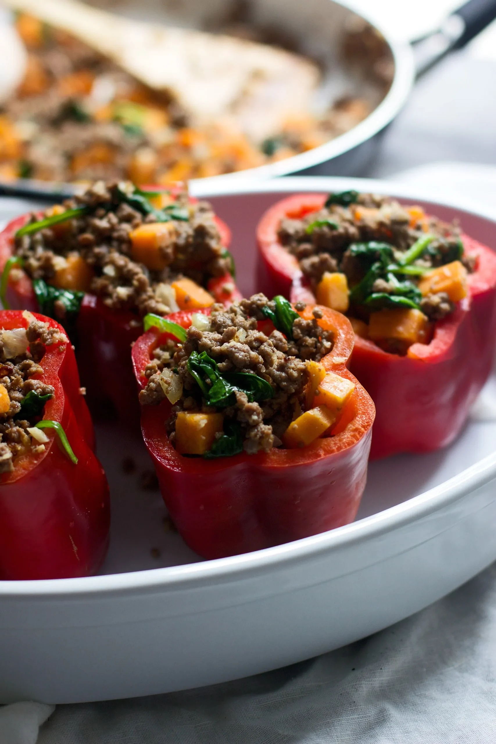 Beef Sweet Potato and Spinach Stuffed Peppers