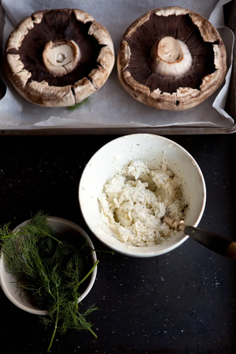 Black Mushrooms Stuffed with Goats Cheese Butter and Dill