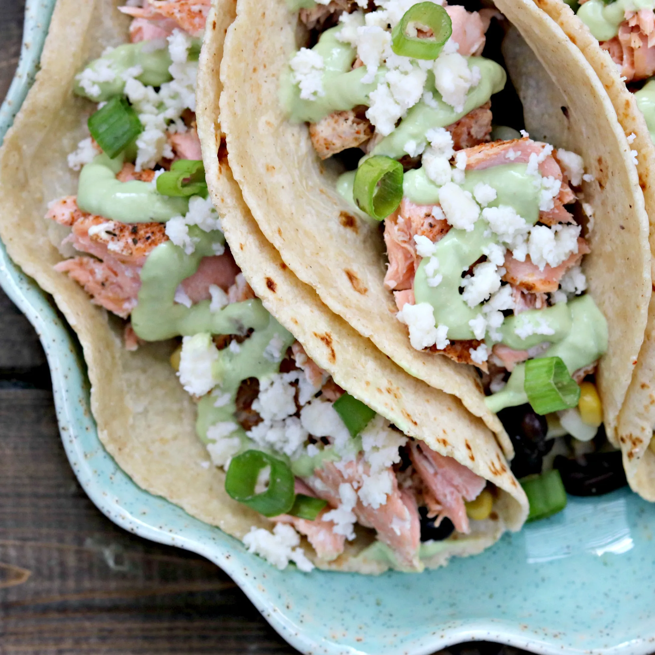 Blackened Salmon Tacos with Smashed Avocado