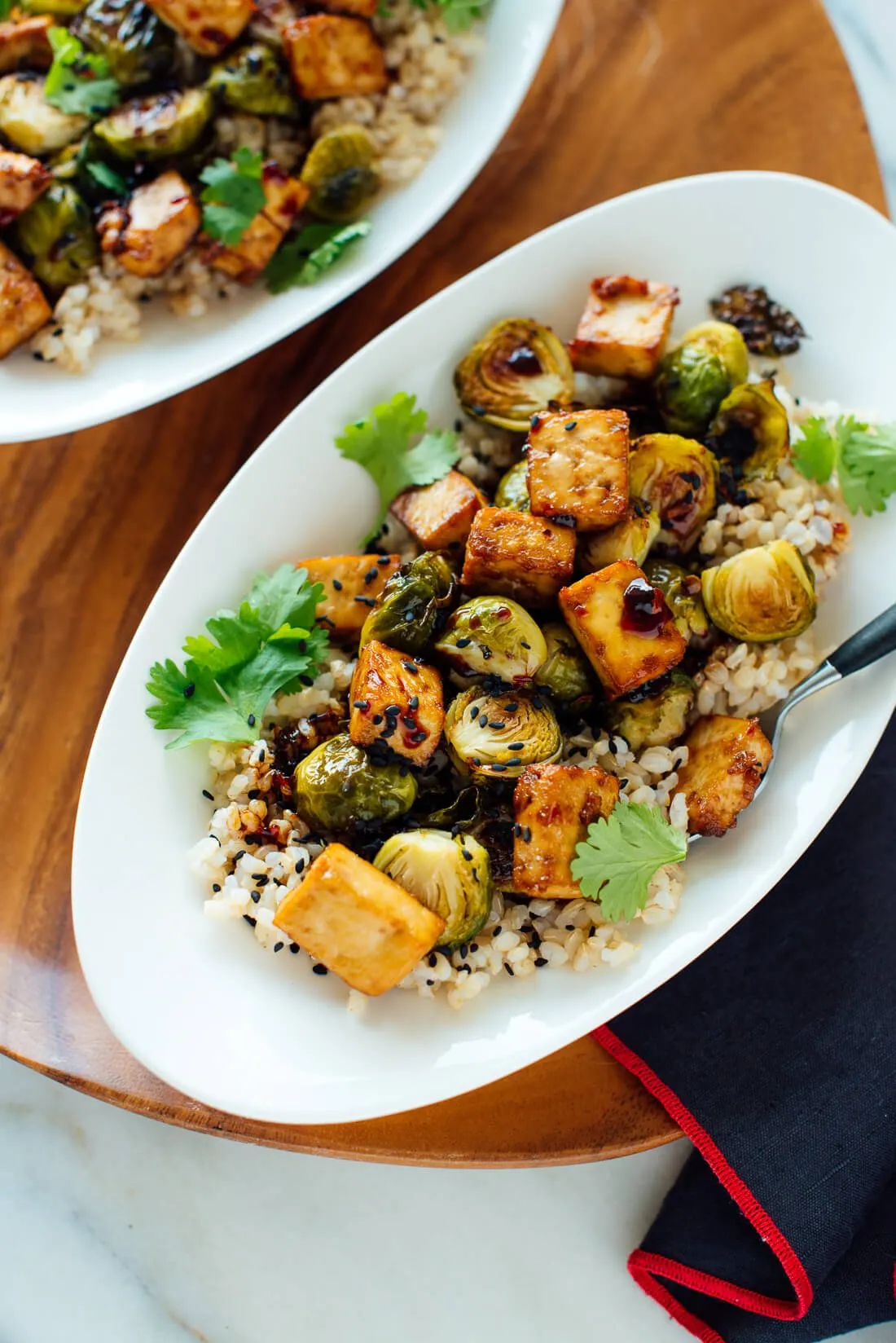 Brussels Sprout Fried Rice with Spicy Baked Tofu