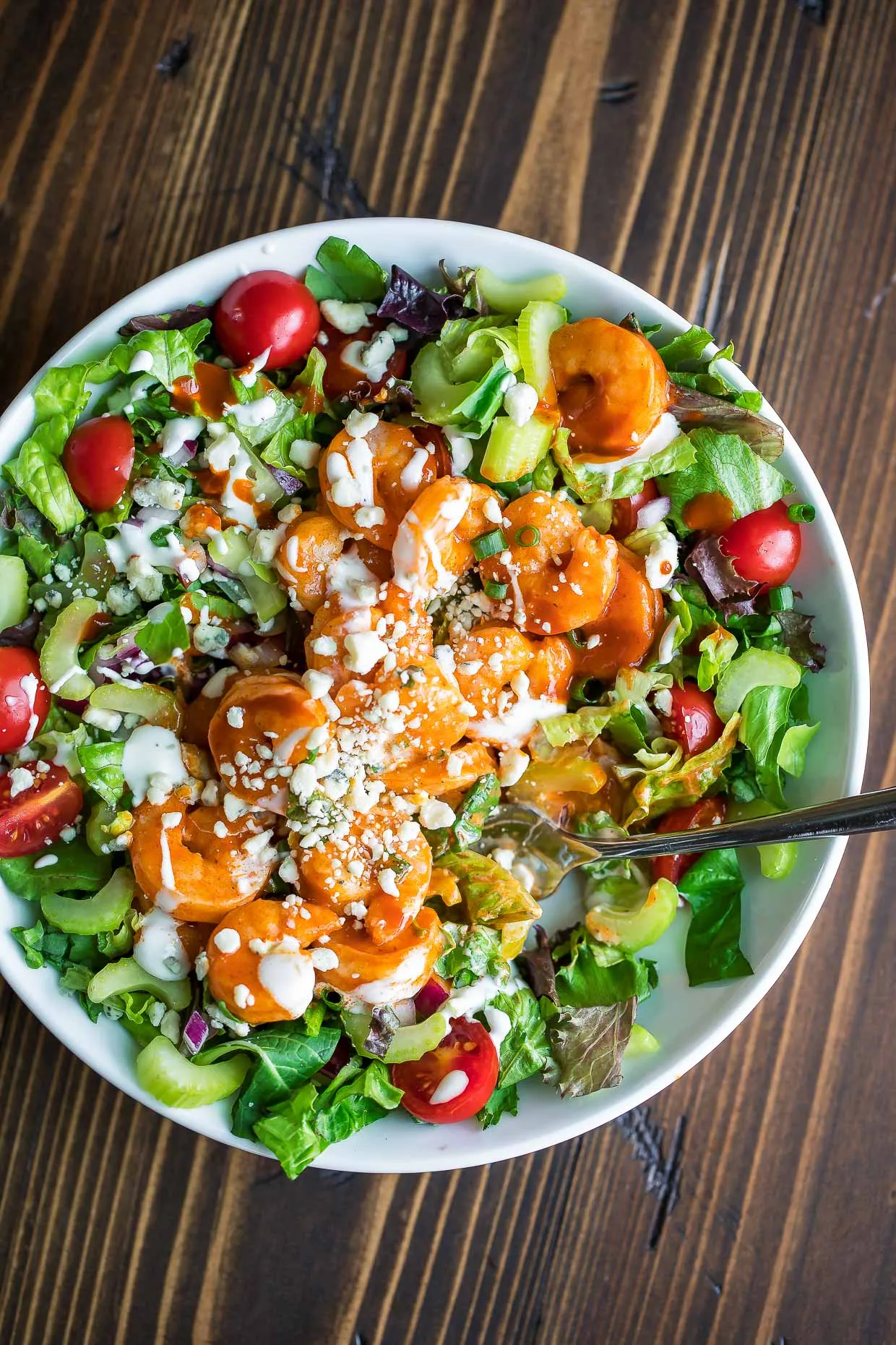 Buffalo Shrimp Salad with Homemade Blue Cheese Dressing