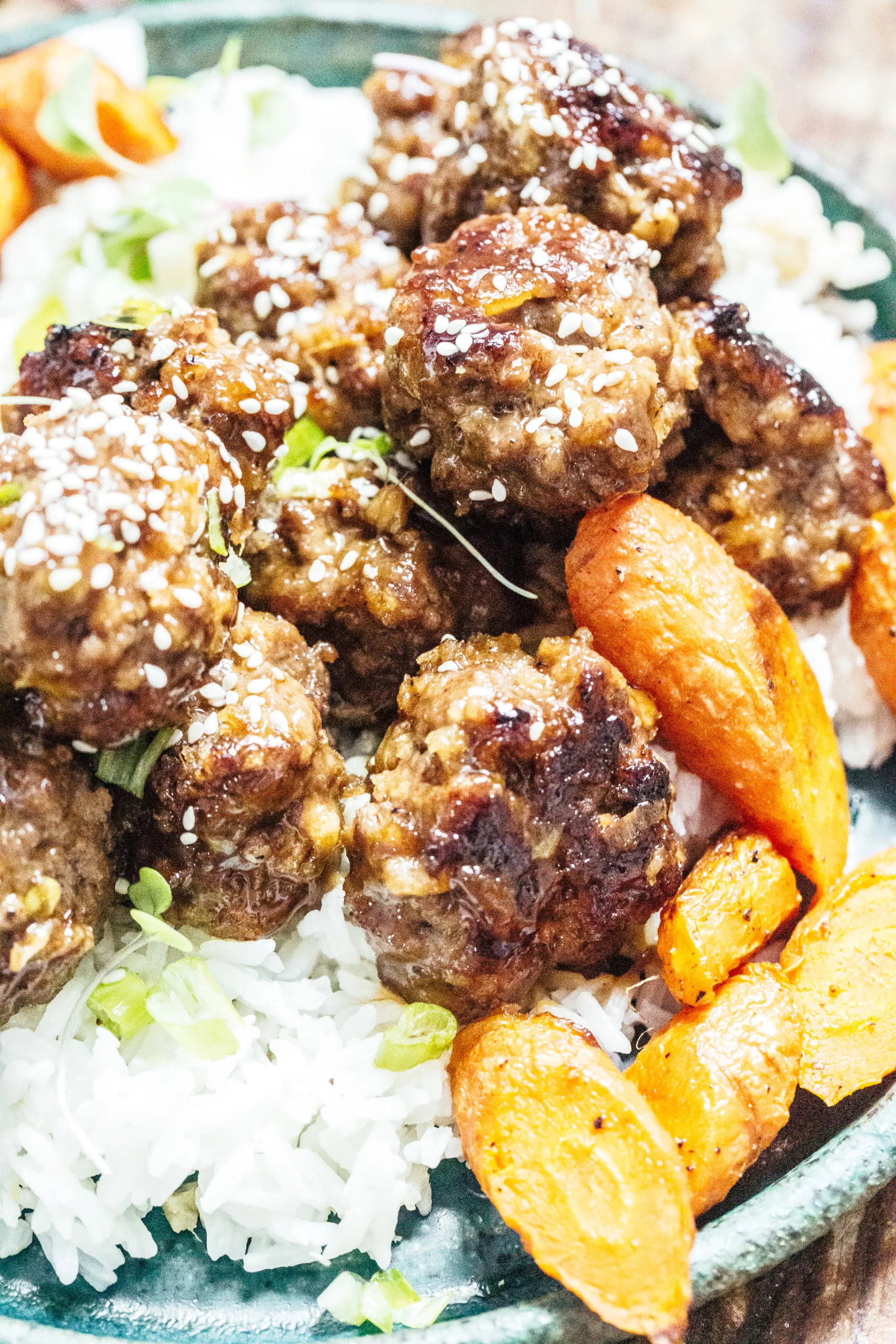 Bulgogi Beef Meatballs with Roasted Carrots