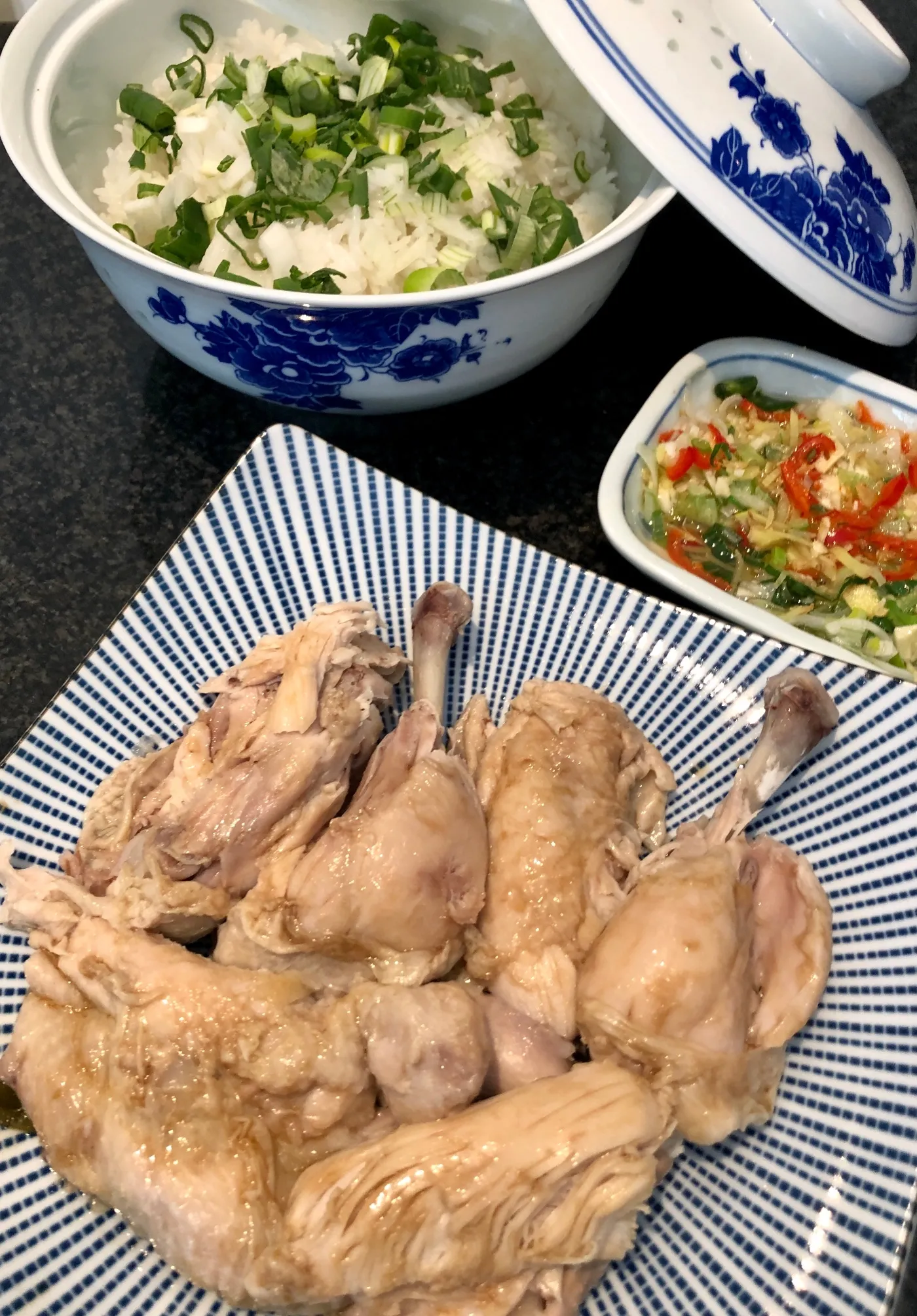 Cantonese Poached Chicken w Ginger Scallion Oil (Bai Qie Ji)