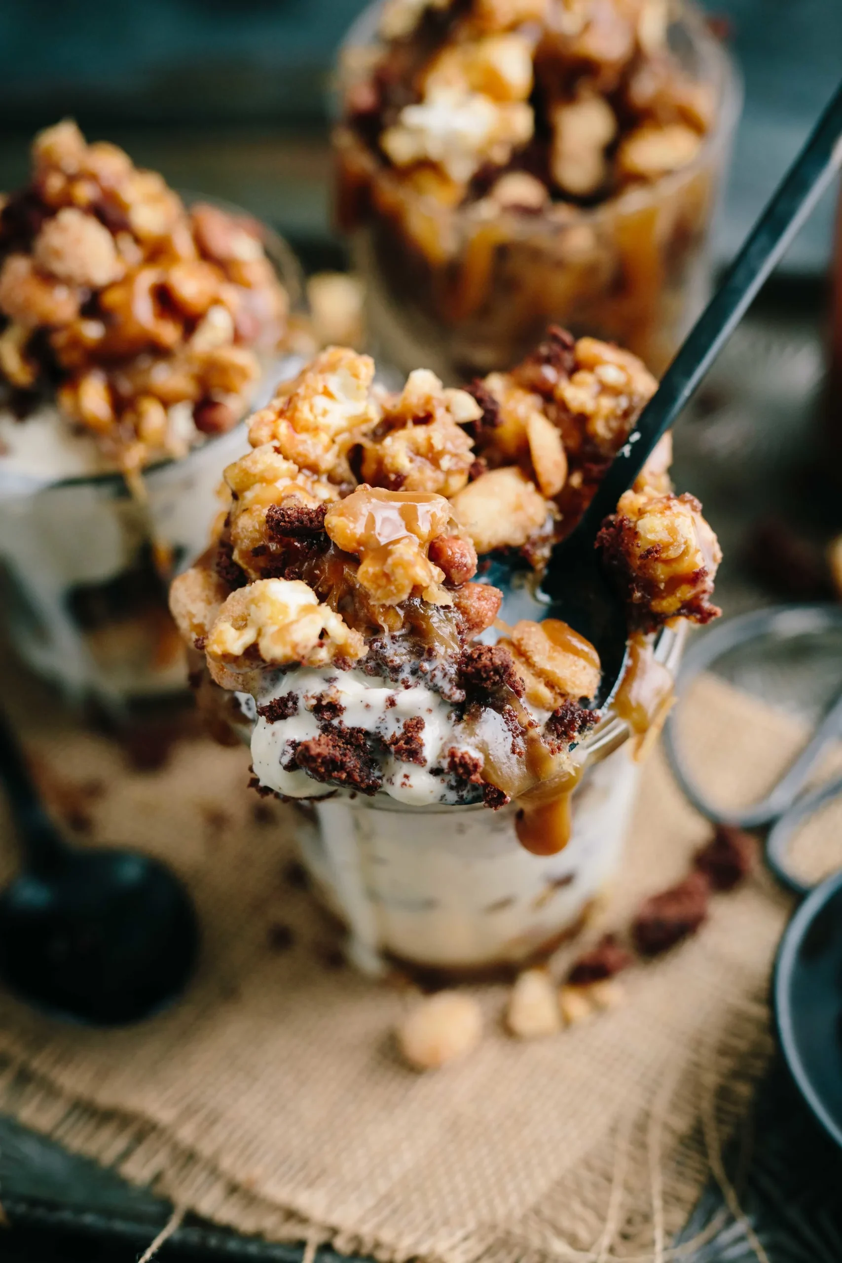 Caramel Peanut Popcorn Brownies