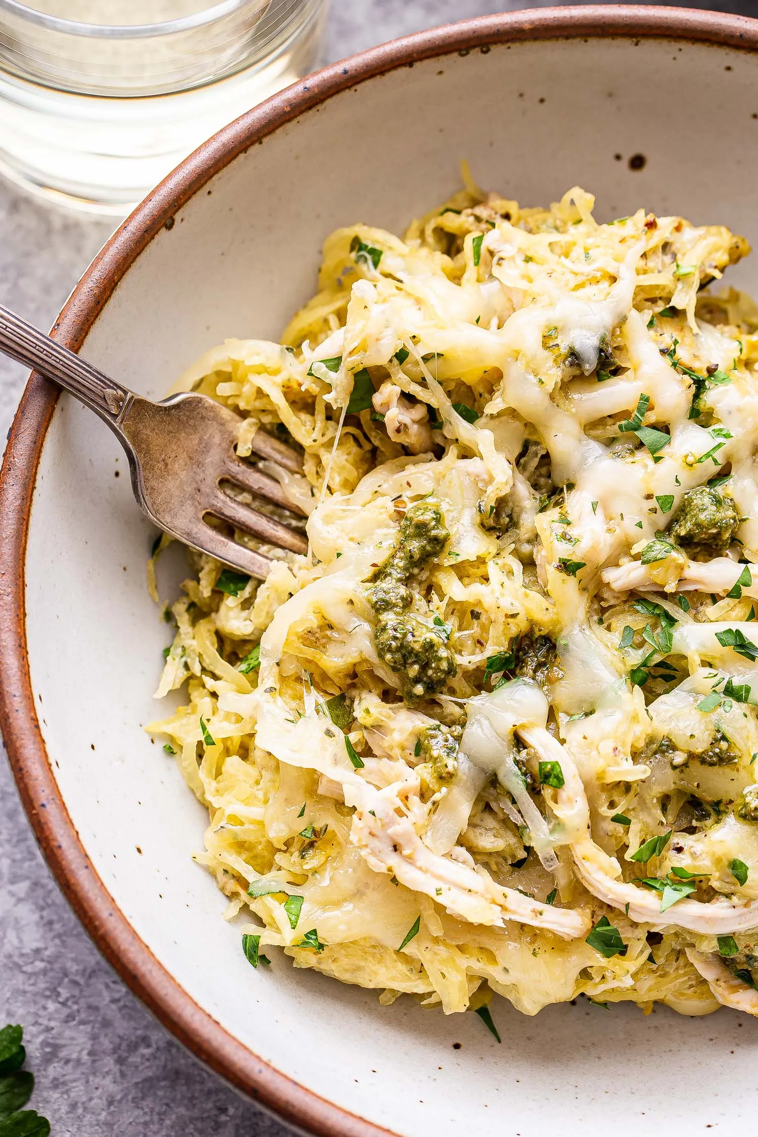 Cheesy Pesto Chicken Spaghetti Squash