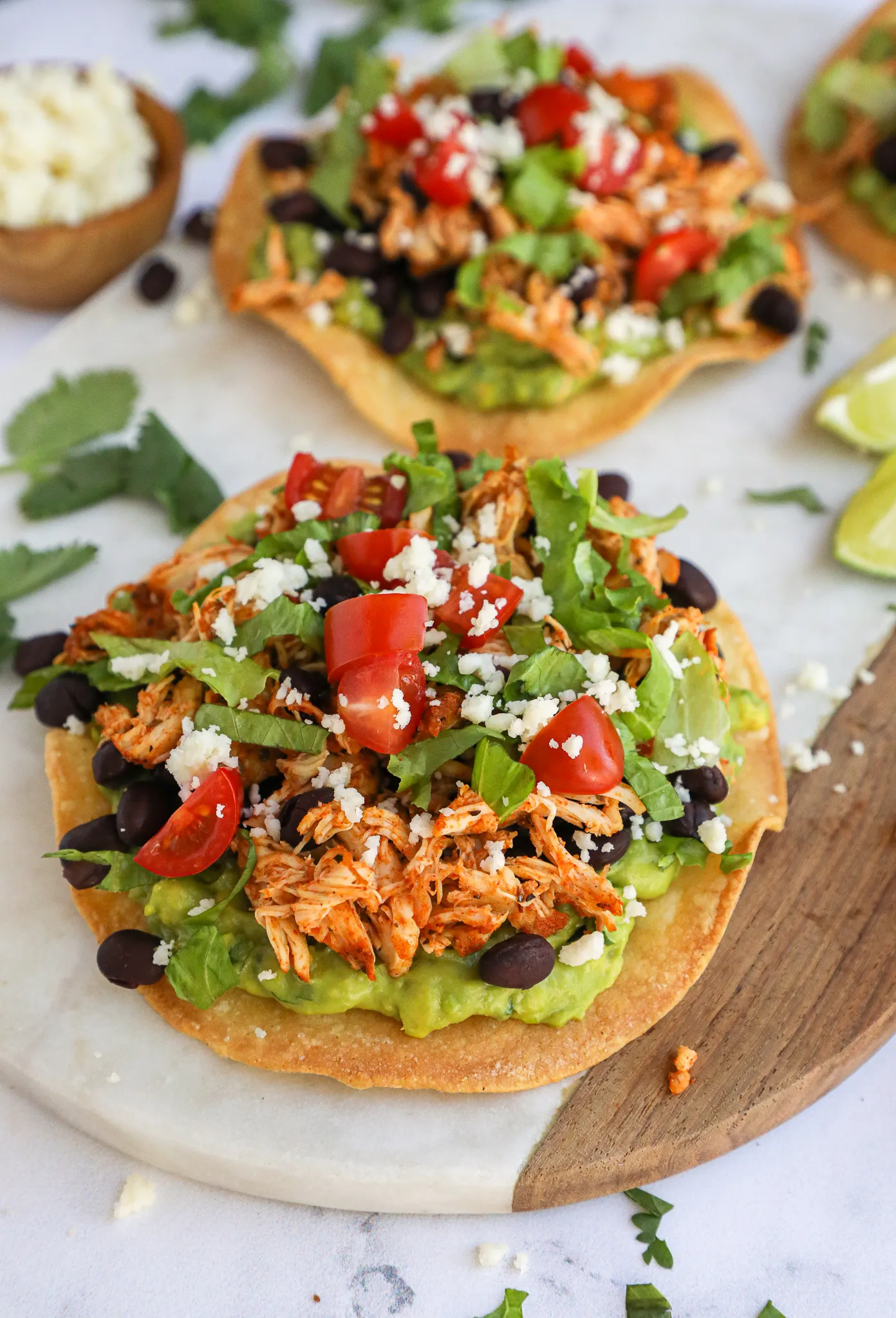 Chicken Guacamole and Bean Tostadas