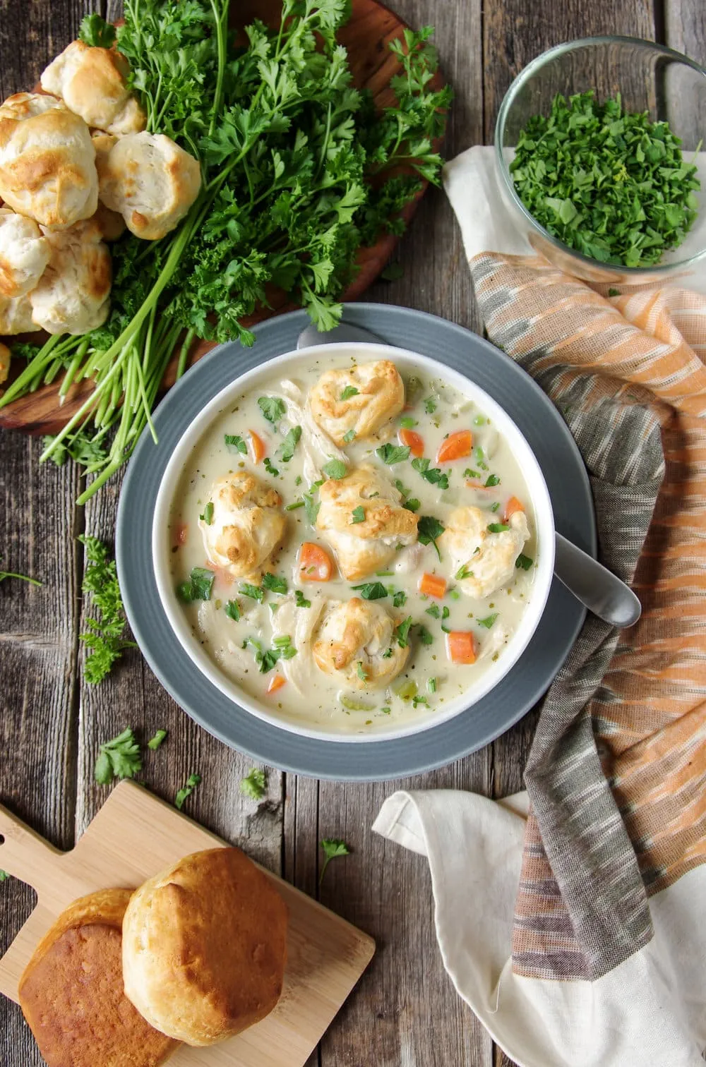 Chicken Pot Pie Soup with Buttermilk Biscuit Crumbles
