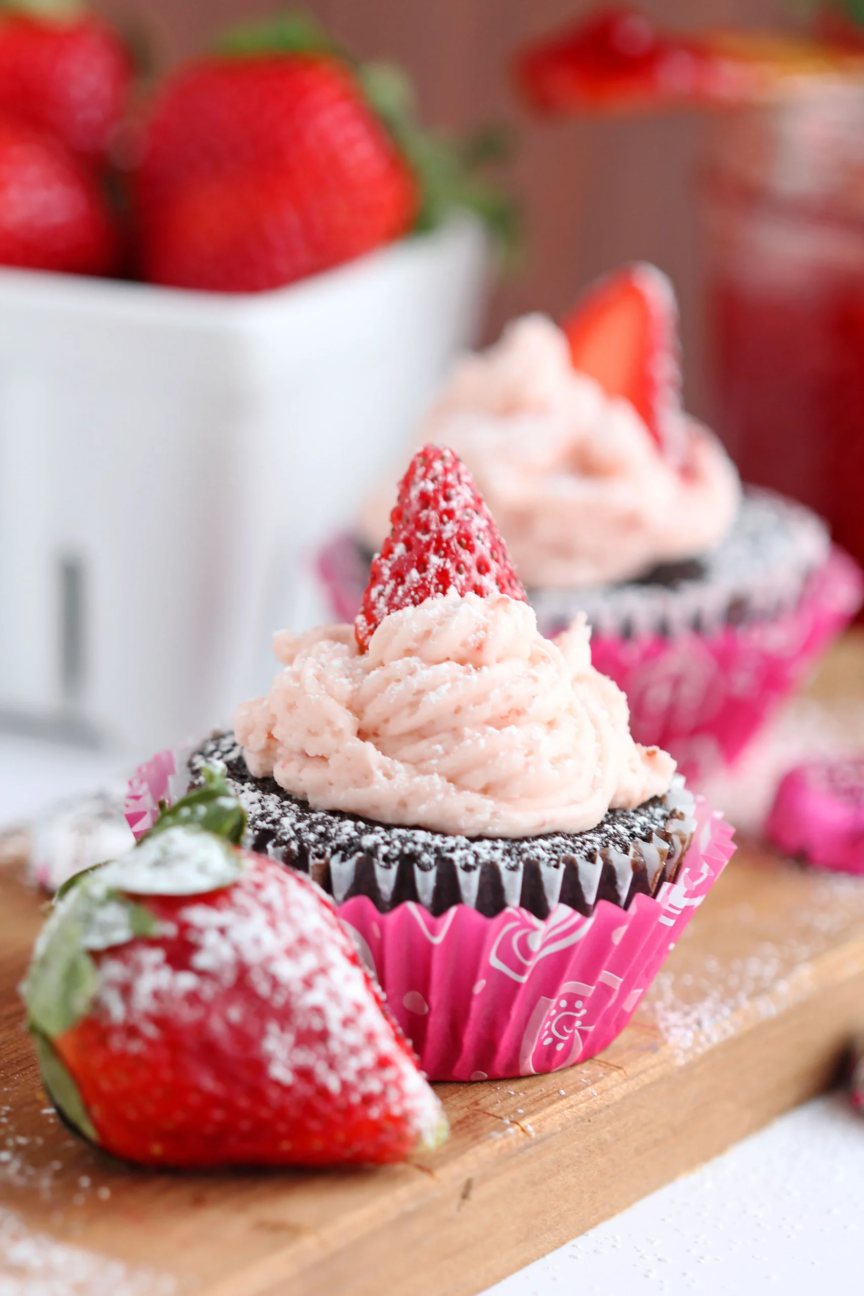 Chocolate Cupcakes with Strawberry Frosting