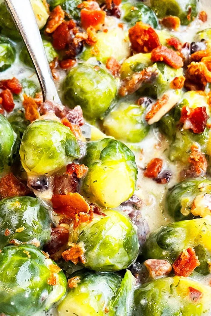 Creamy Brussels Sprouts with Peppered Bacon