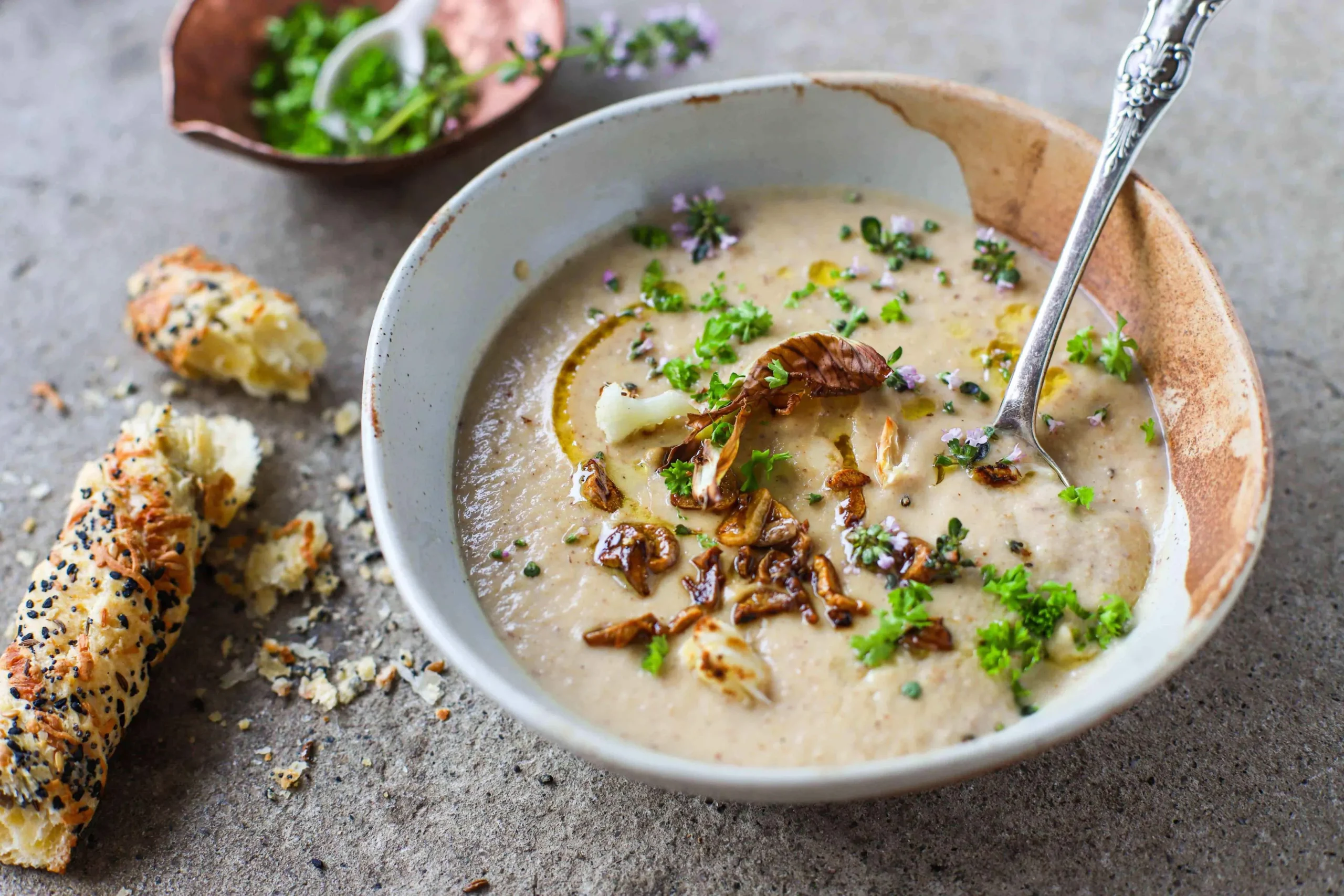 Creamy Cauliflower Soup with Cheesy Almond Pulp Crackers