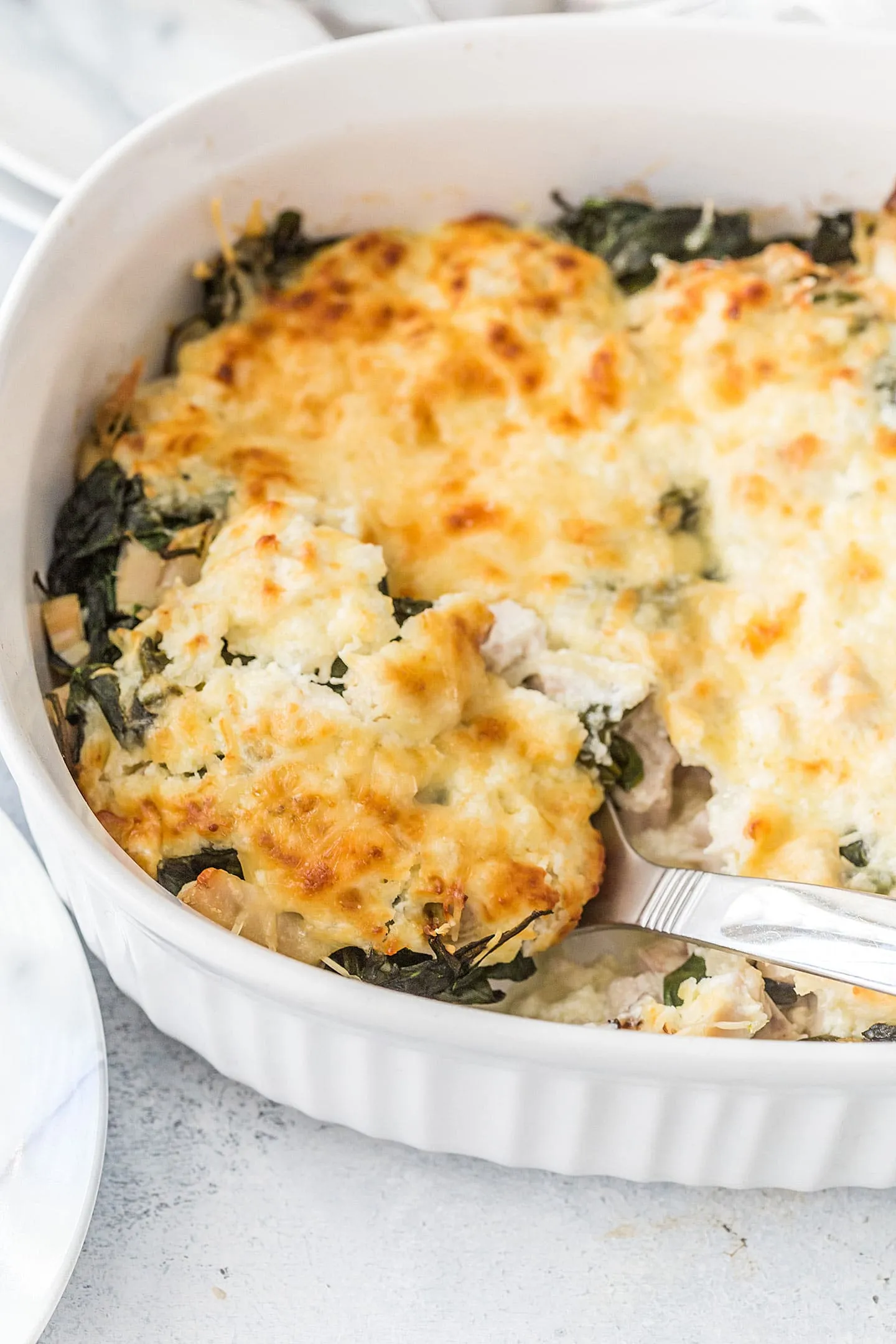 Creamy Cheesy Chicken Spinach Pasta Bake