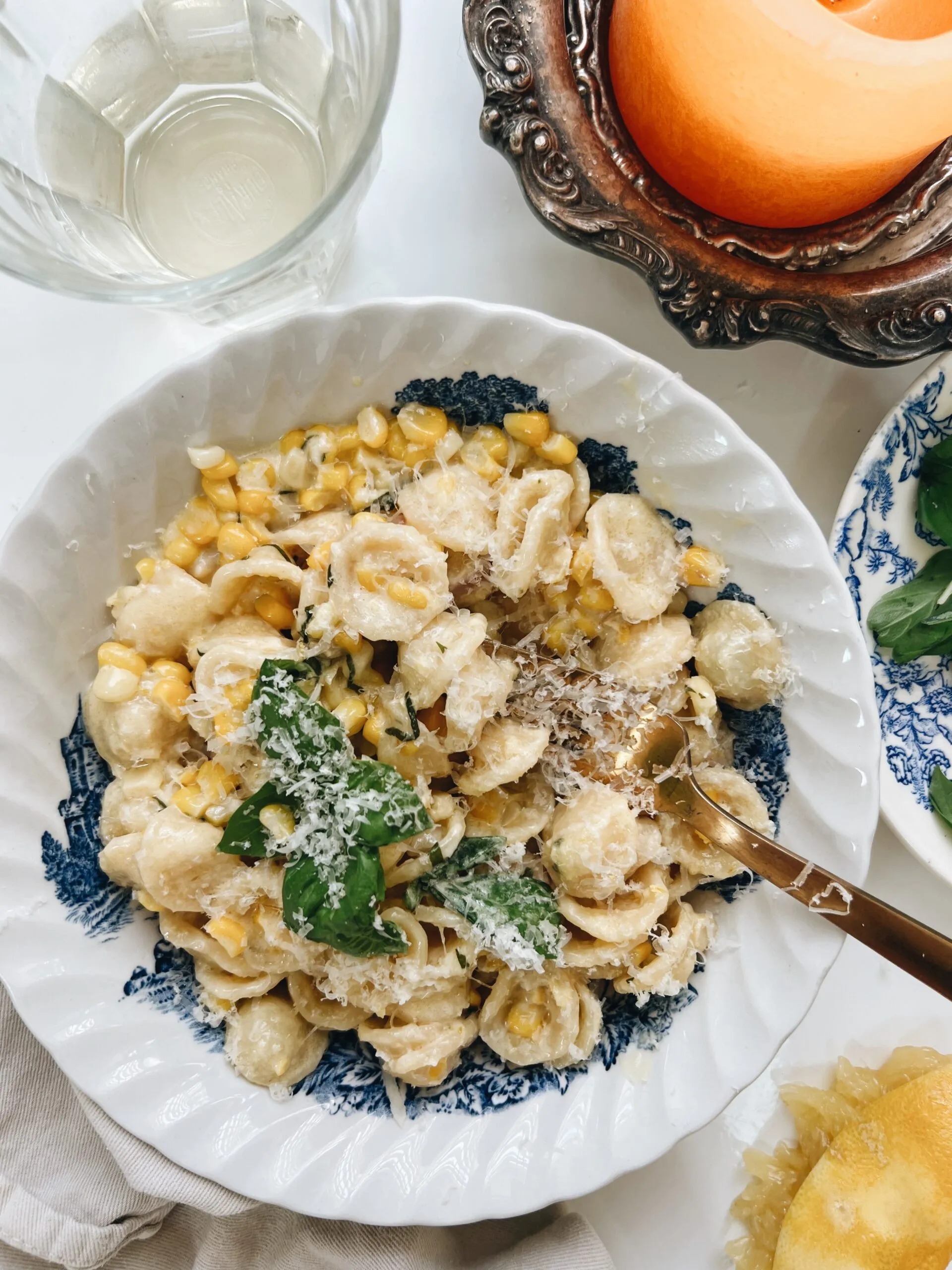 Creamy Lemon Corn Orecchiette with Basil Pesto