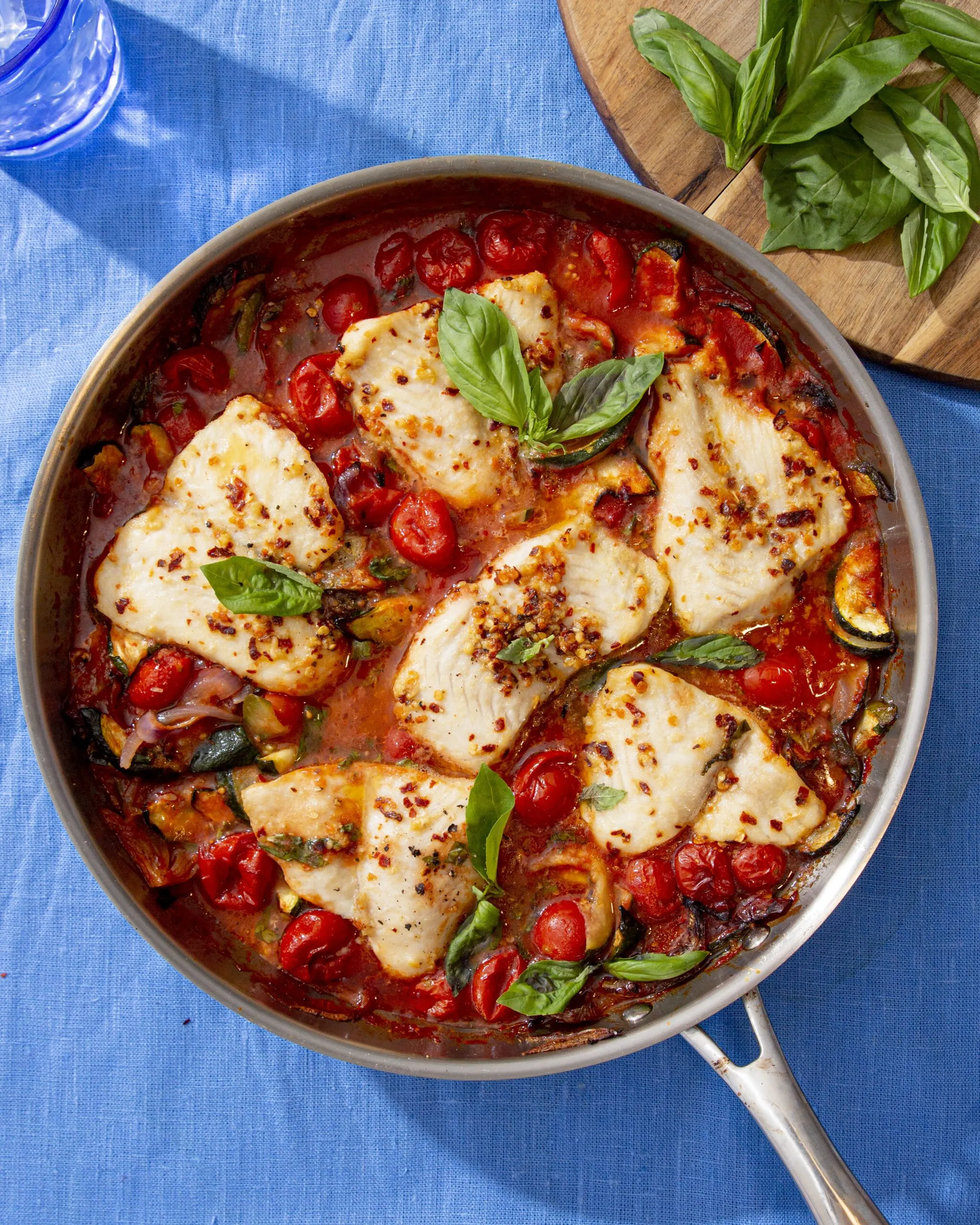 Crisp Skin Fish with Vegetable Spaghetti and Tomato Vinaigrette