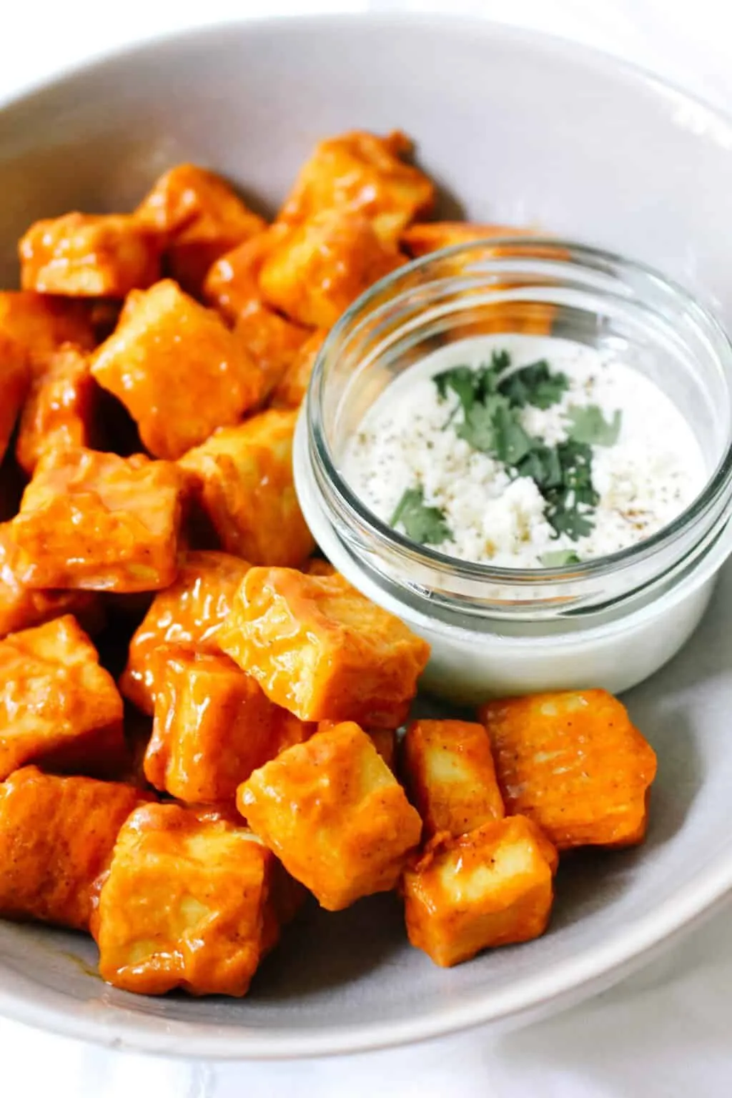 Crispy Buffalo Tofu Bites with Garlicky Yogurt Feta Dip