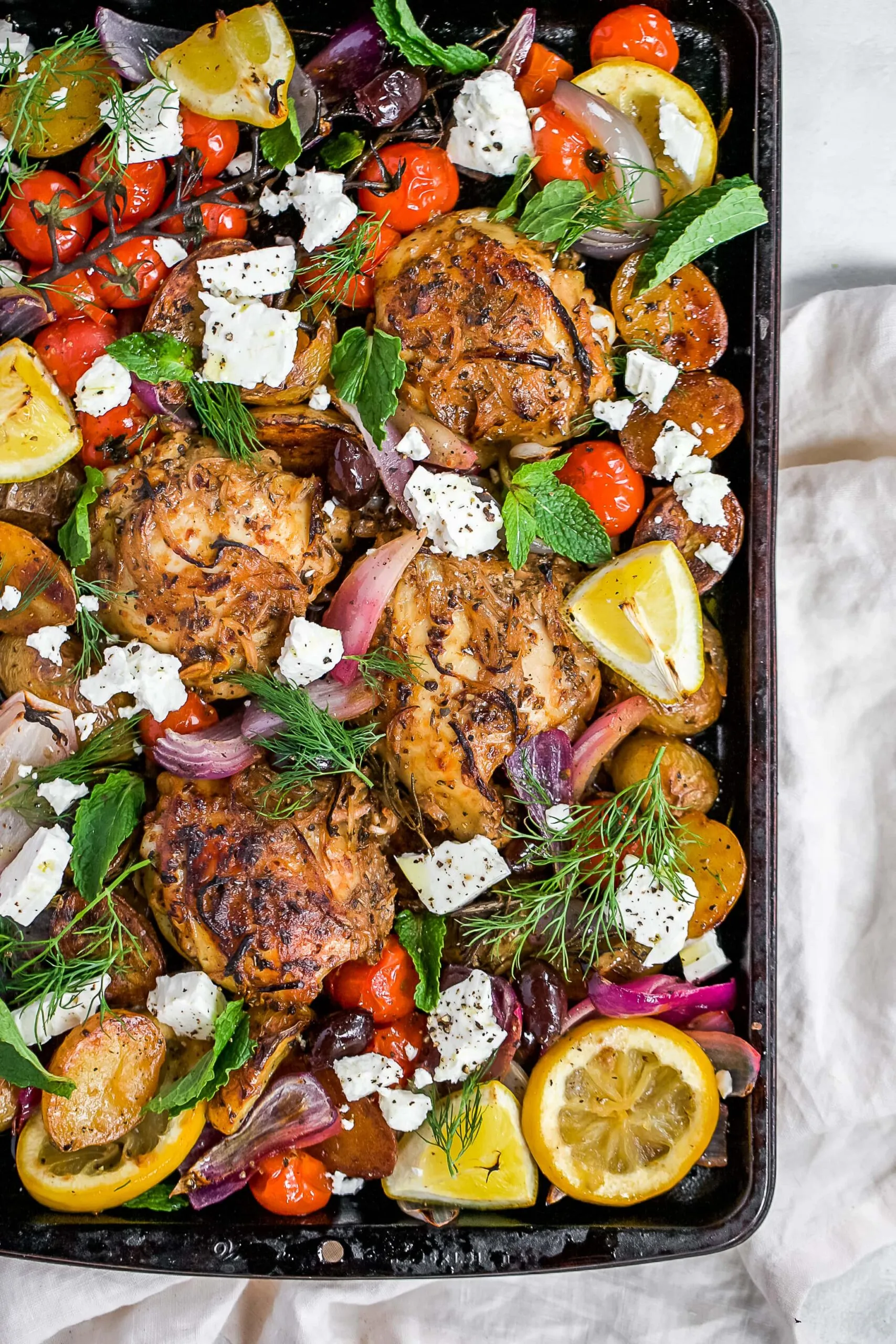 Crispy Greek Sheet Pan Chicken with Sweet Potatoes and White Potatoes