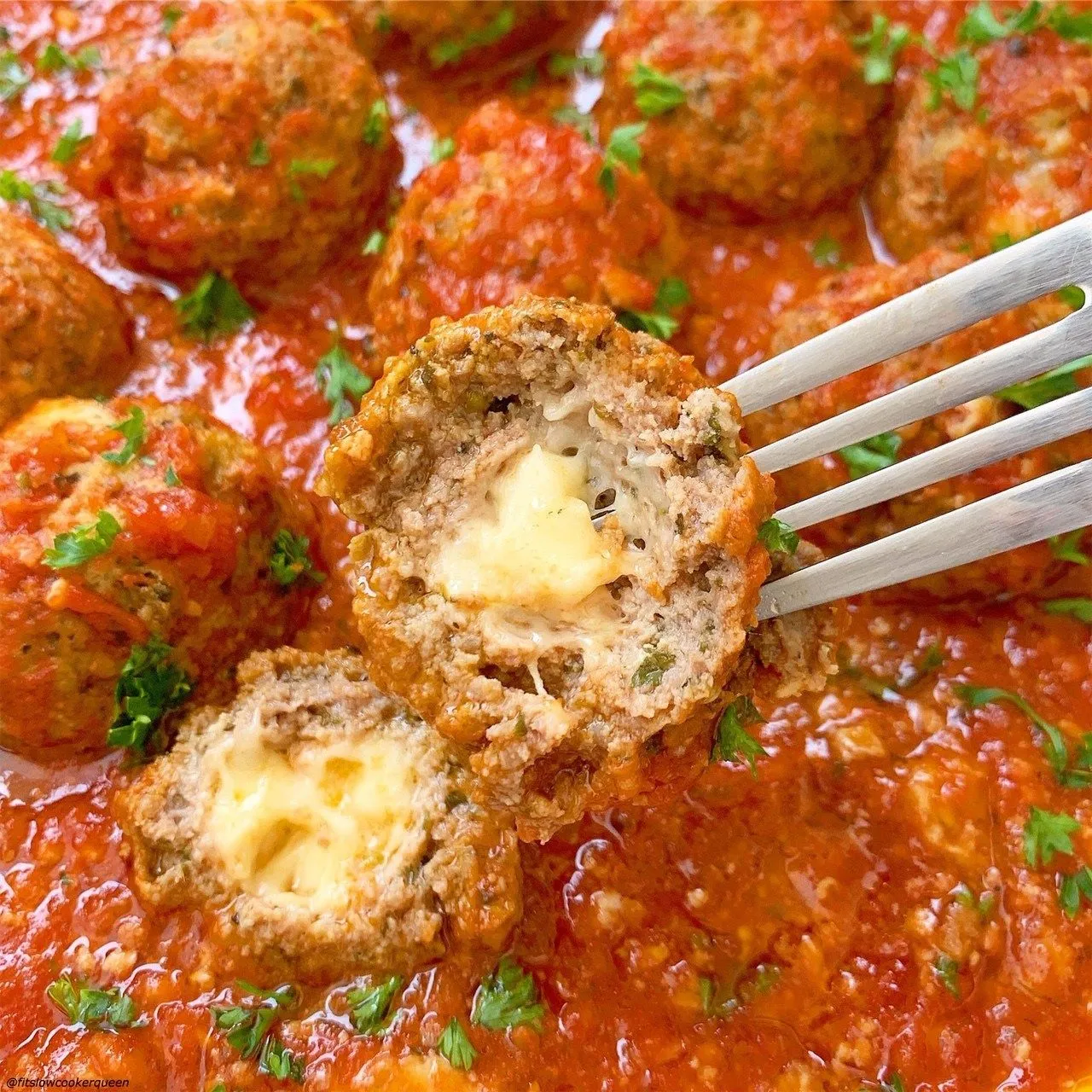Crockpot Mozzarella Stuffed Meatballs