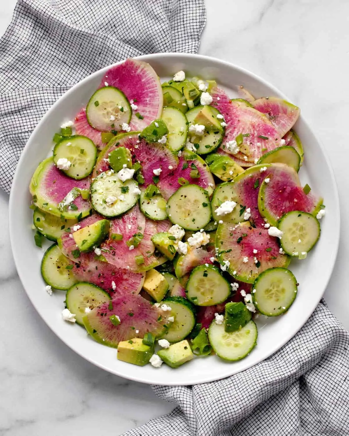 Cucumber Melon Radish Salad with Serrano Chive Vinaigrette