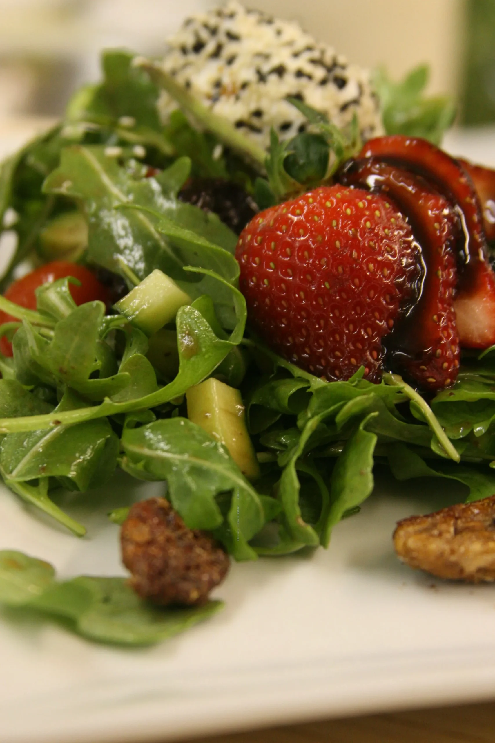 Dandelion Greens with Strawberries, Walnuts, Goat Cheese