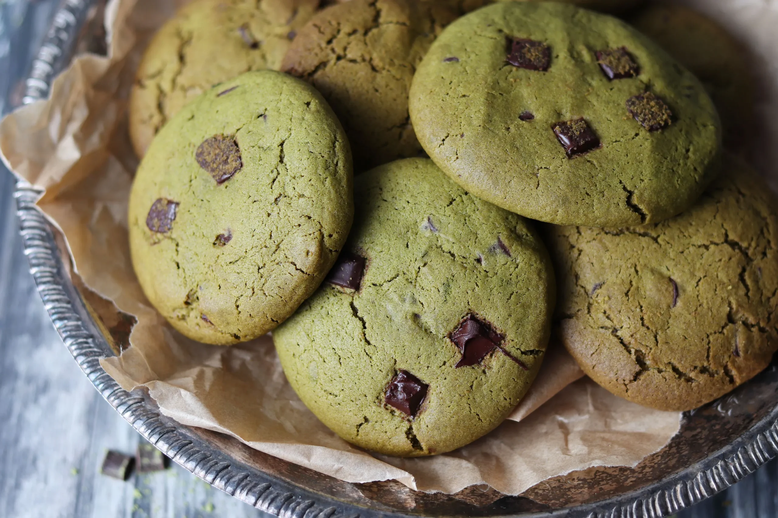 Dark Chocolate Chip and Pistachio Matcha Cookies