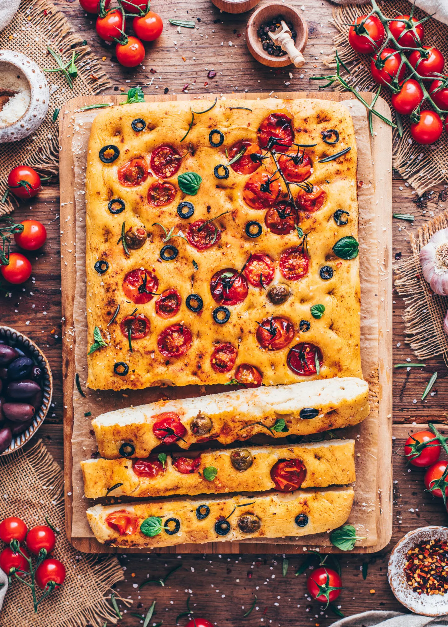 Easy Vegan Focaccia Bread with Tomatoes and Olives
