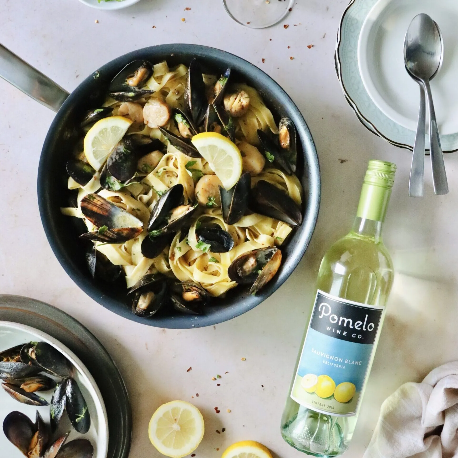 Fettucini with Mussels in a White Wine and Basil Oil Sauce