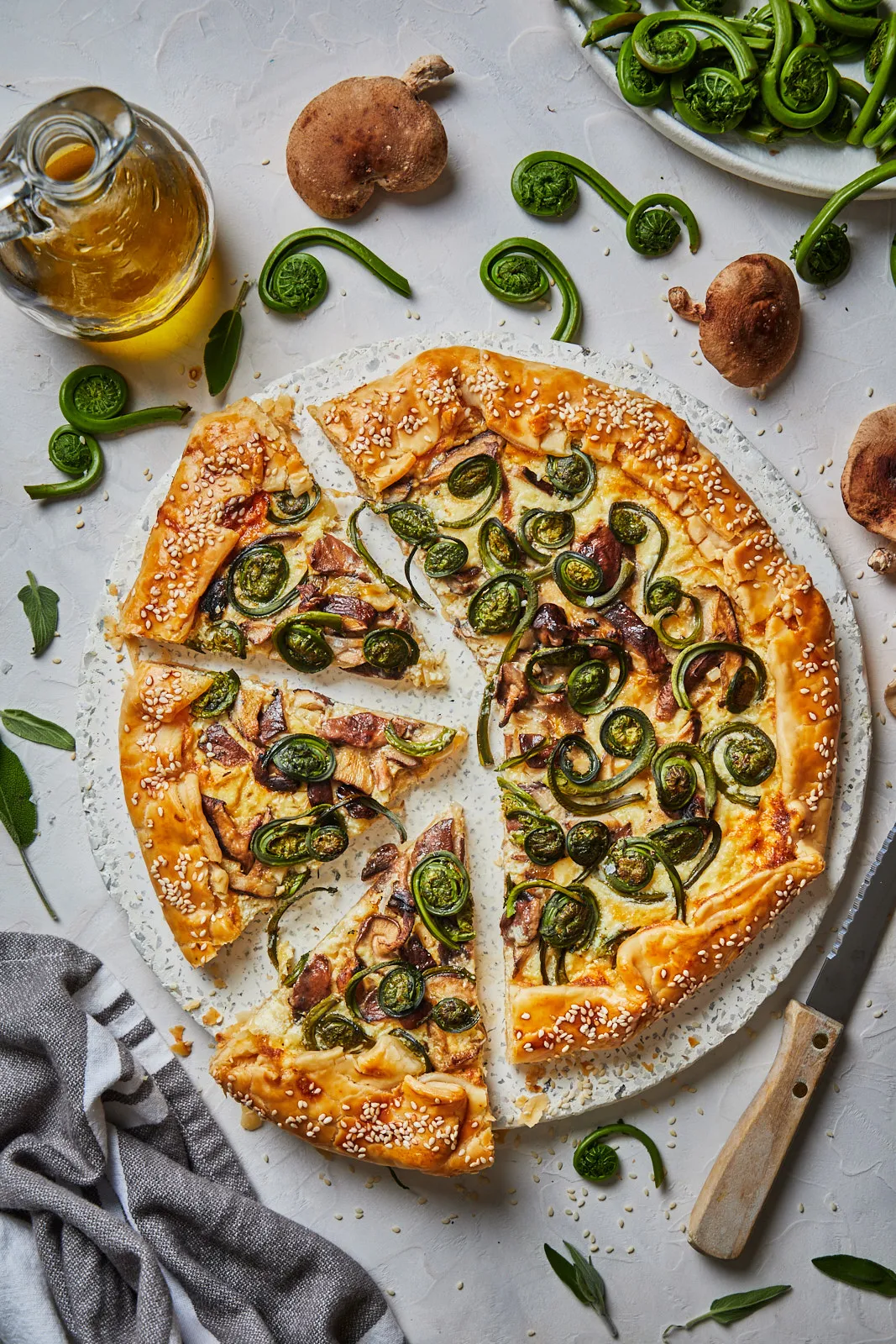 Fiddlehead and Mushroom Galette with Caramelized Onion Ricotta