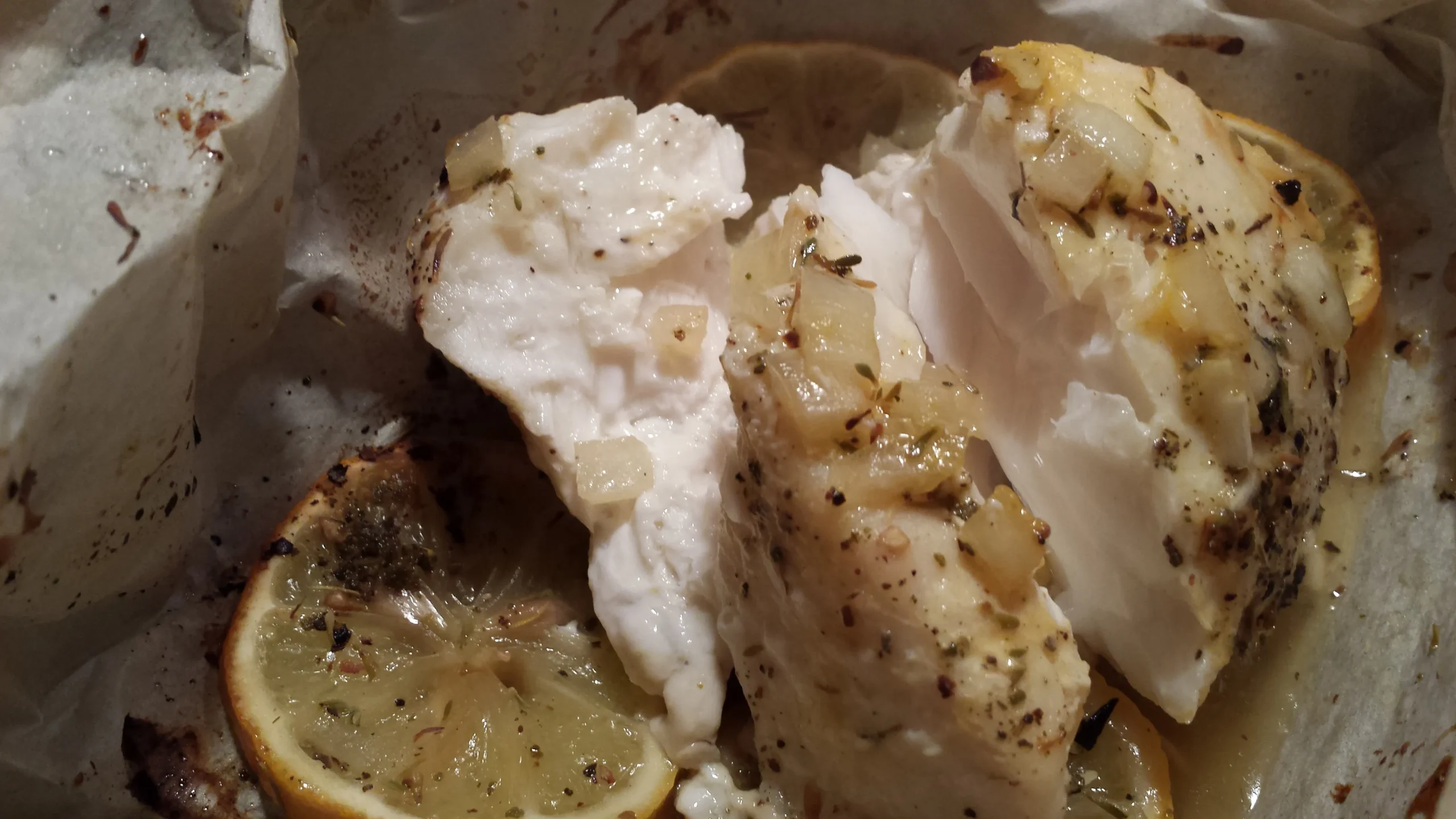 Filet of Halibut Baked in Parchment and Stewed Leeks