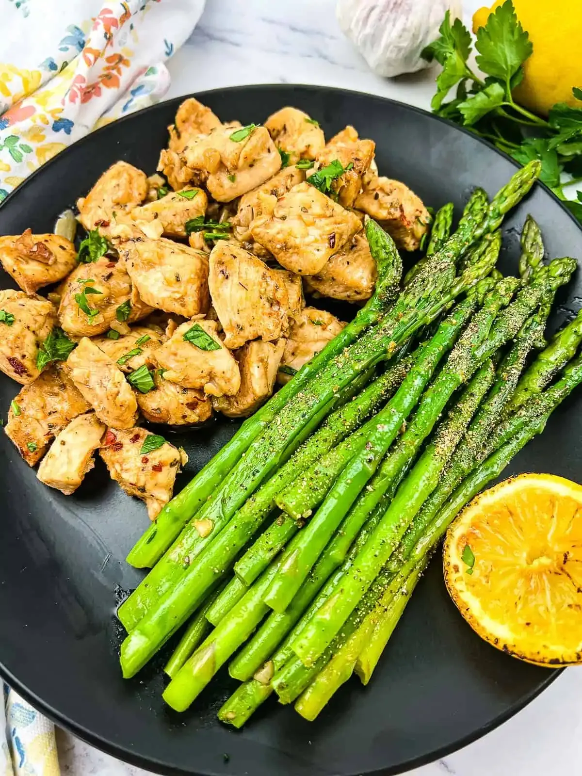 Garlic Butter Chicken Bites with Lemon Asparagus