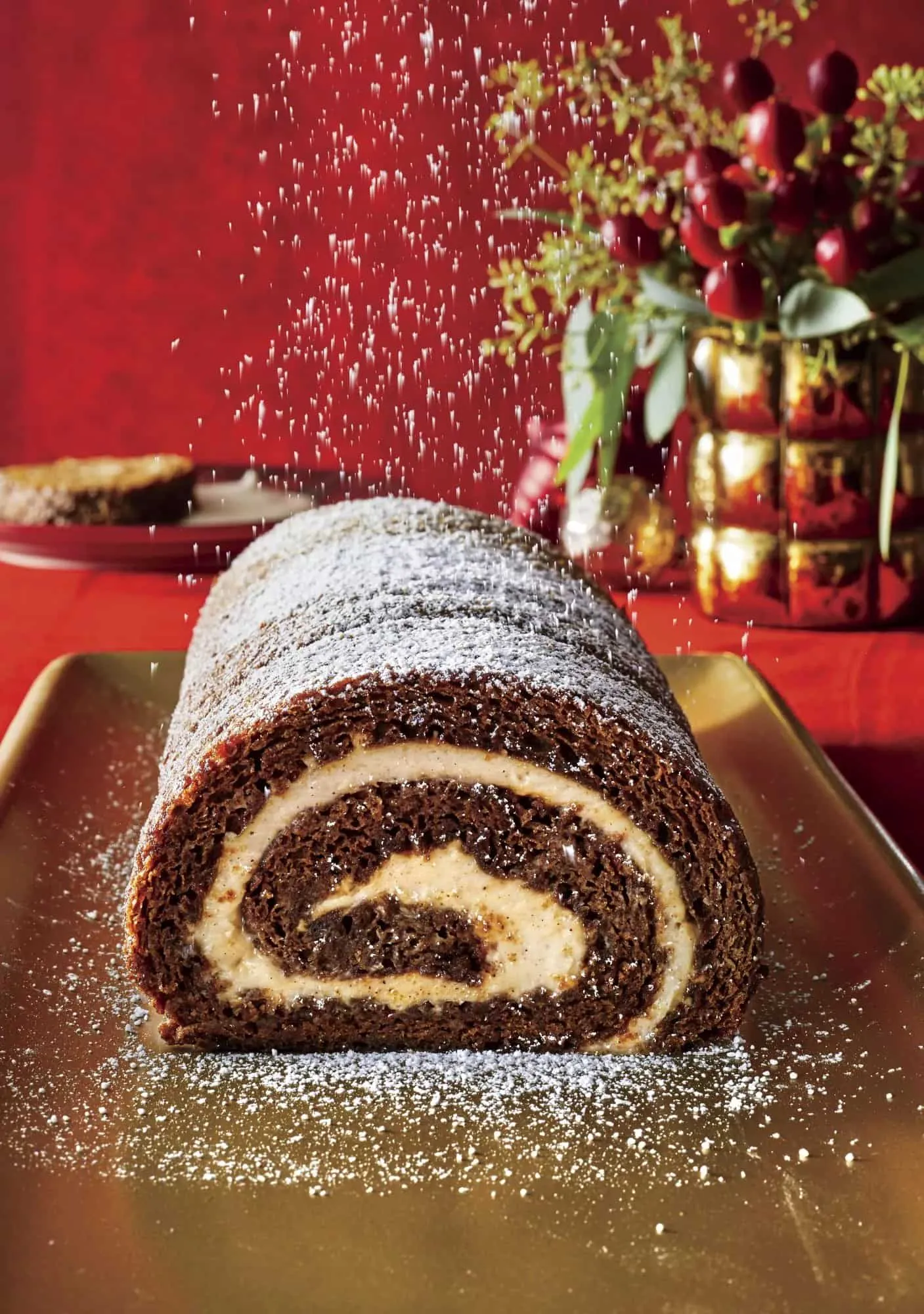 Gingerbread Roll Cake with Eggnog Cream Filling