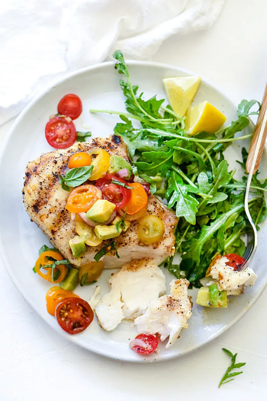 Grilled Halibut with Tomato Avocado Relish
