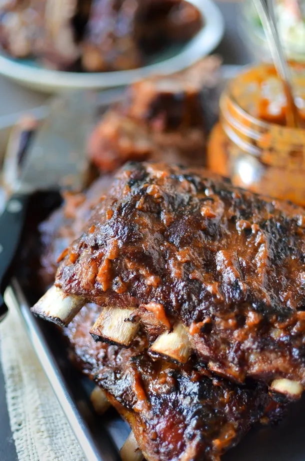Grilled Pork Ribs with Rhubarb BBQ Sauce