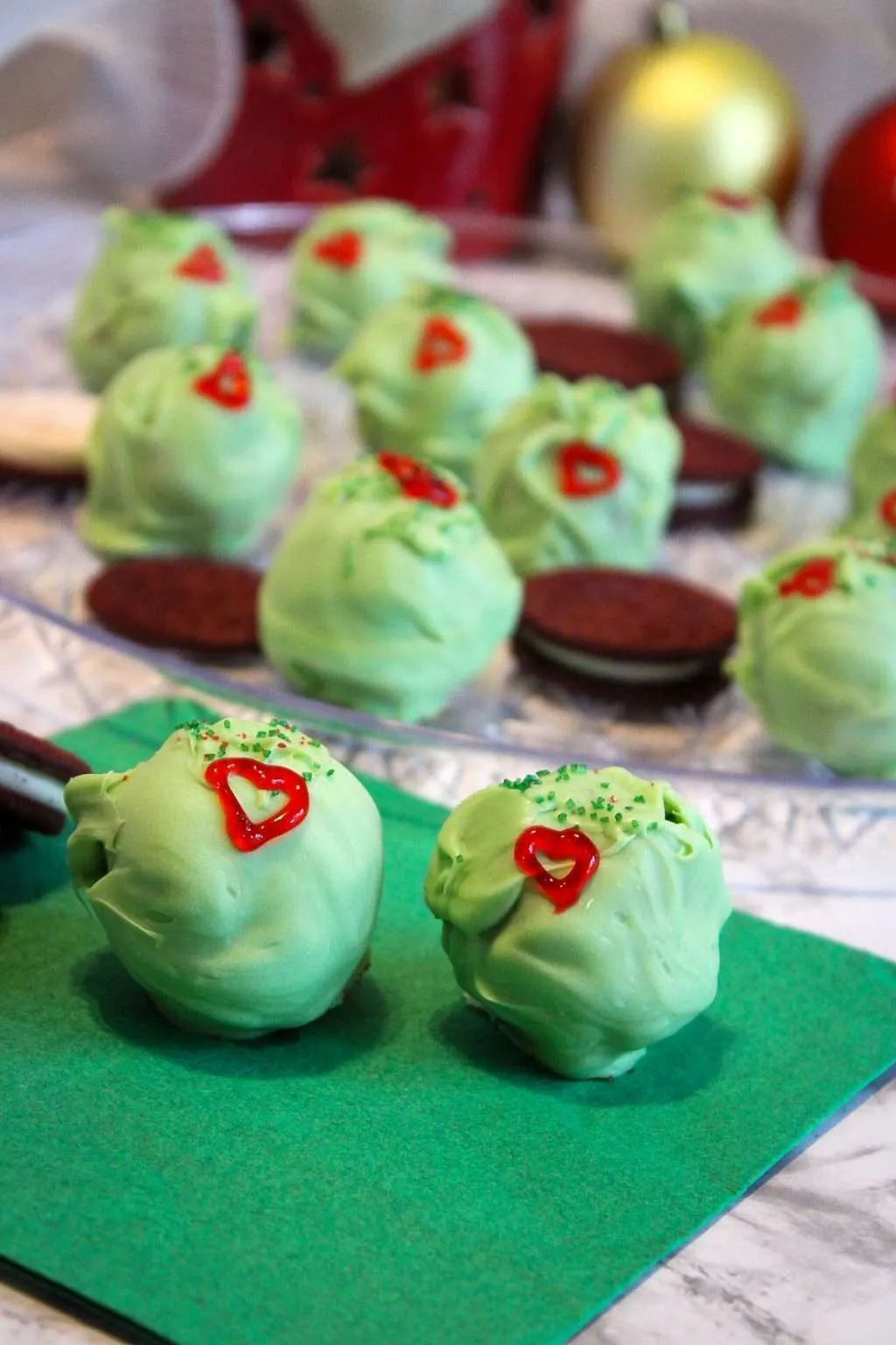 Grinch Red Velvet Oreo Balls