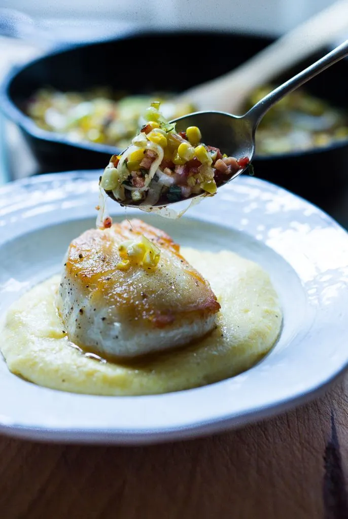 Halibut with Corn Pancetta and Sage