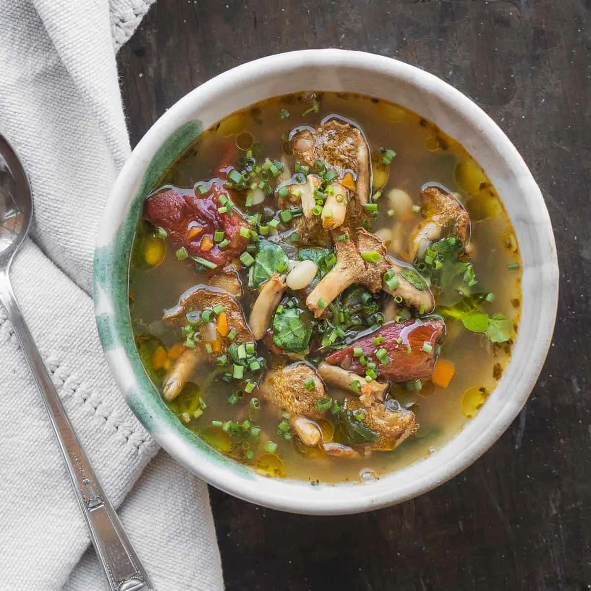 Hedgehog Mushroom Soup with Beans, Watercress, and Tomato