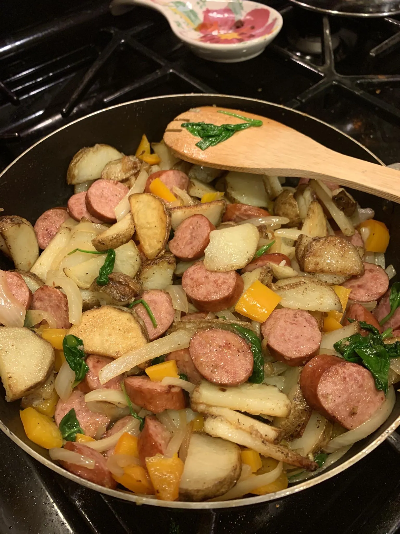Kielbasa Potato Hash with Spinach