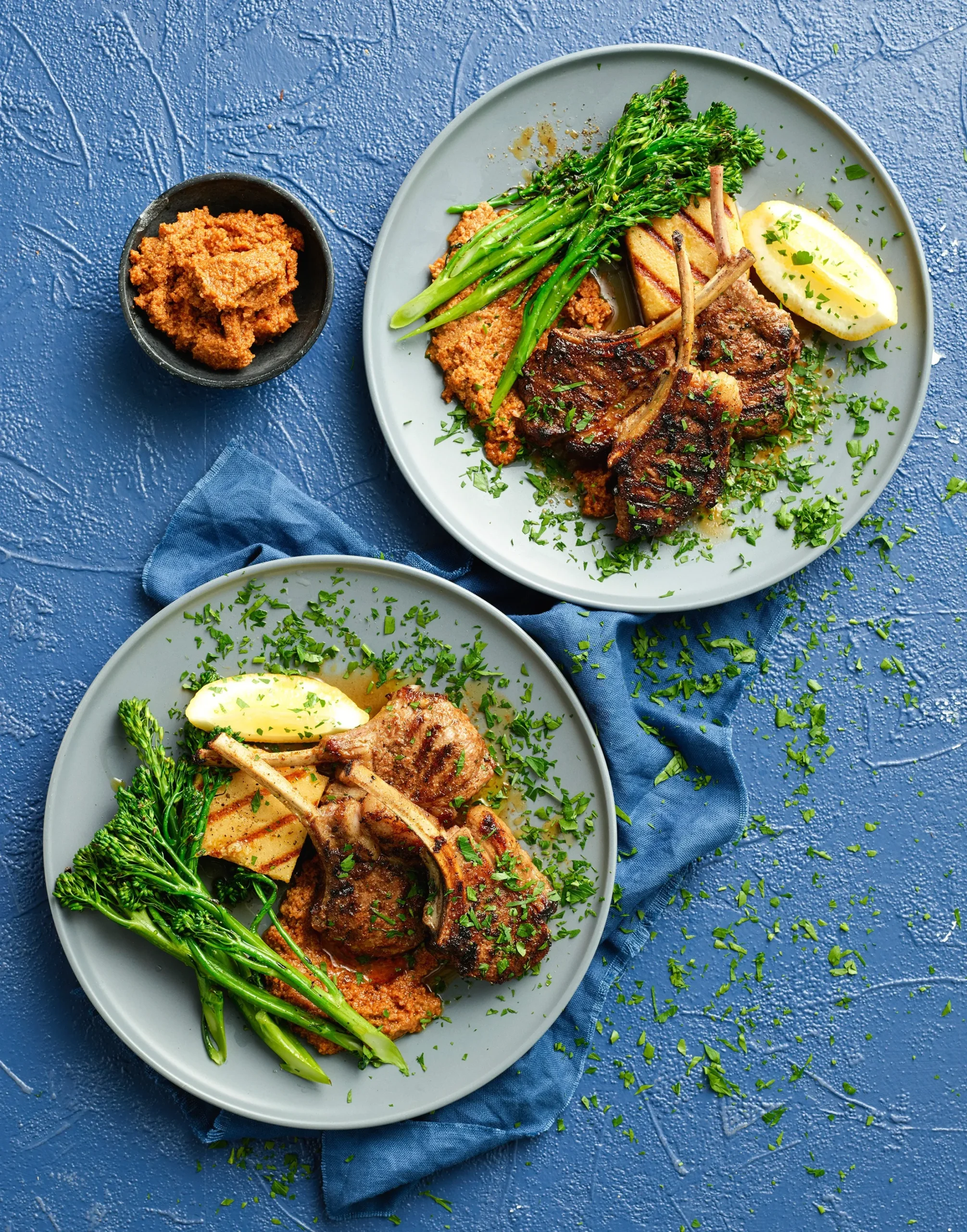 Lamb Cutlets with Olive Salsa, Polenta, and Fennel