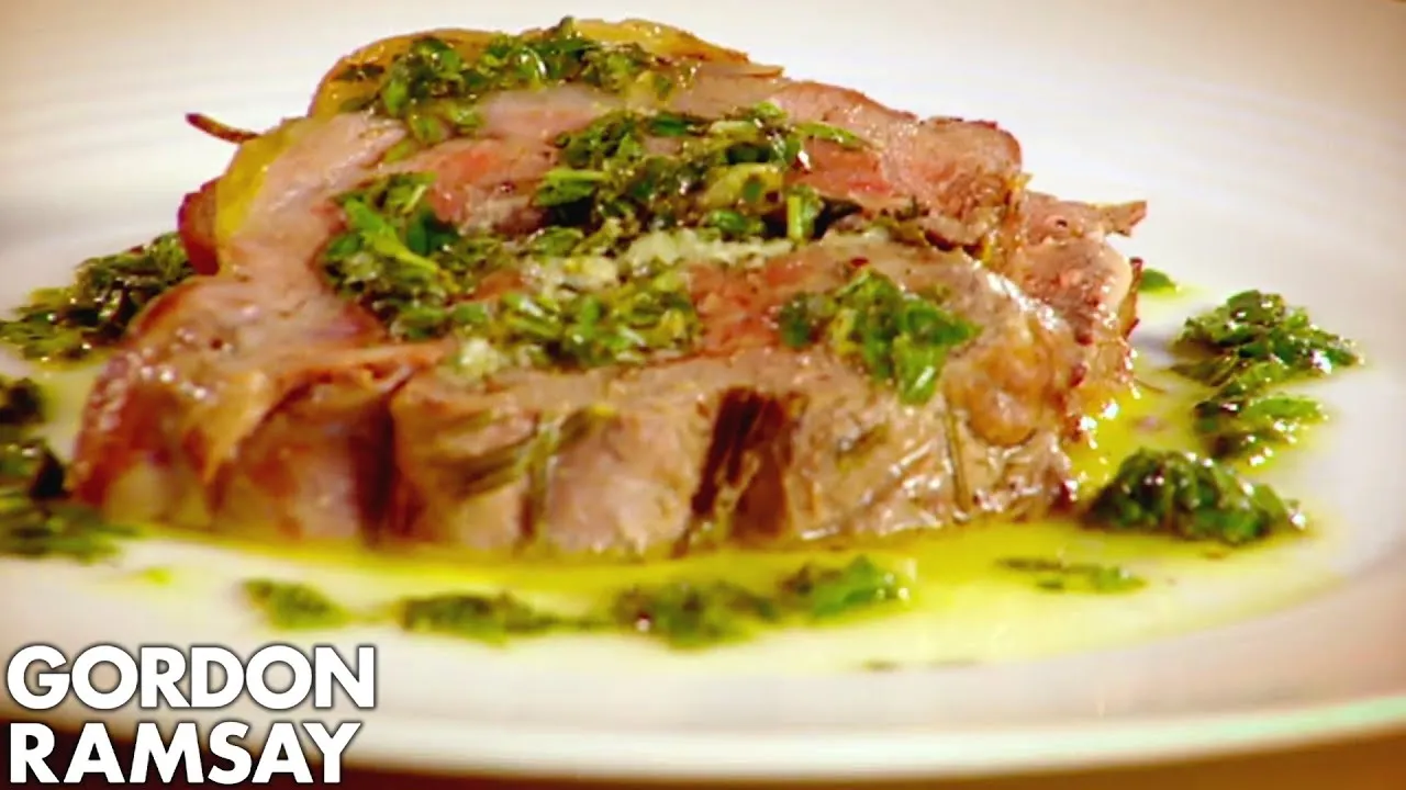 Leg of Lamb Stuffed with Goat Cheese, Pine Nuts, Apples, and Mint