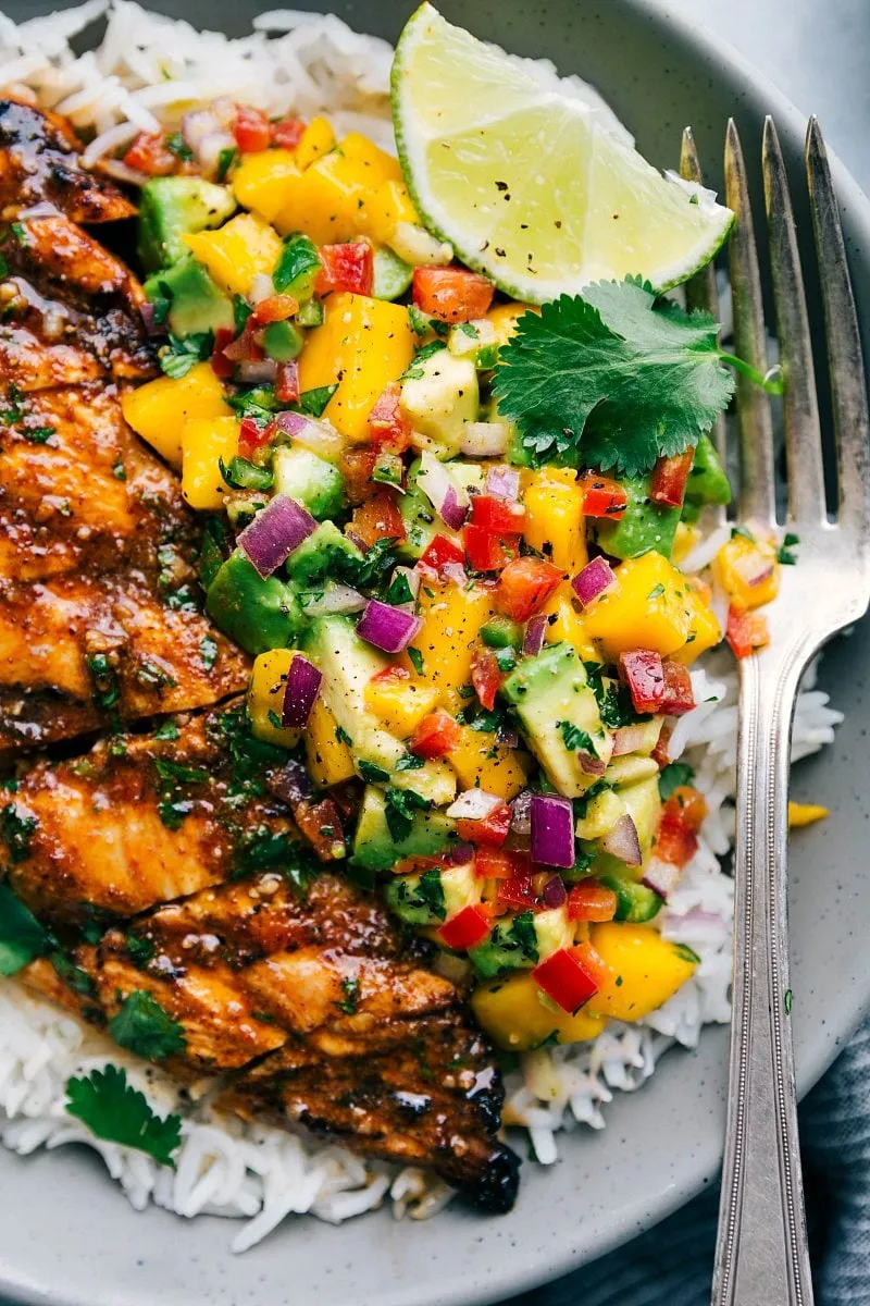 Lime Cumin Grilled Chicken Salad with Avocado and Mango Salsa