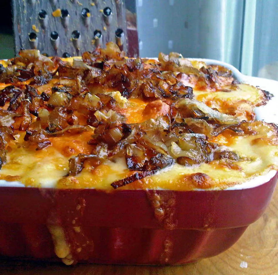 Mac and Two Cheeses with Caramelized Shallots