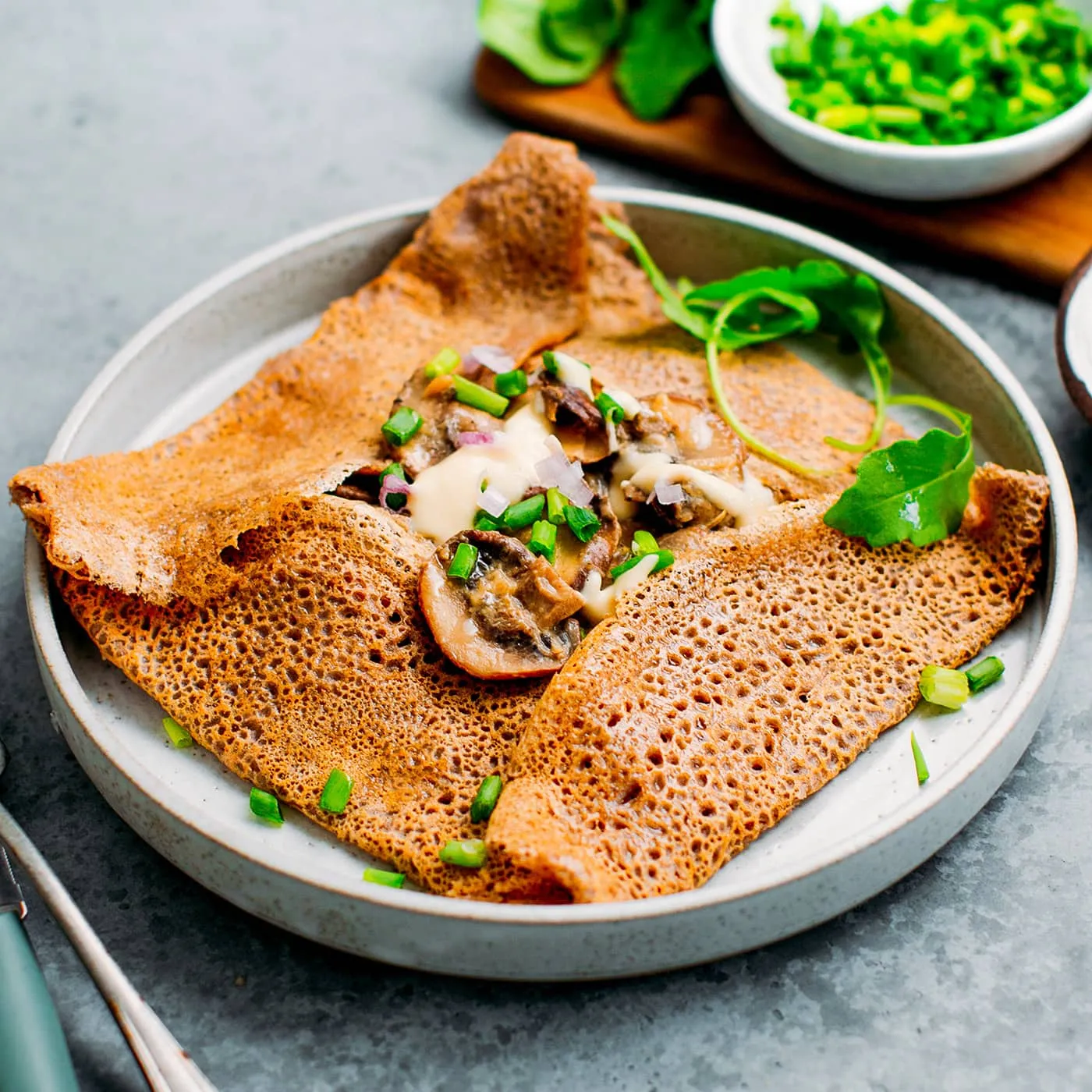 Meatless Monday Buckwheat Crepes with Greens and Gruyere
