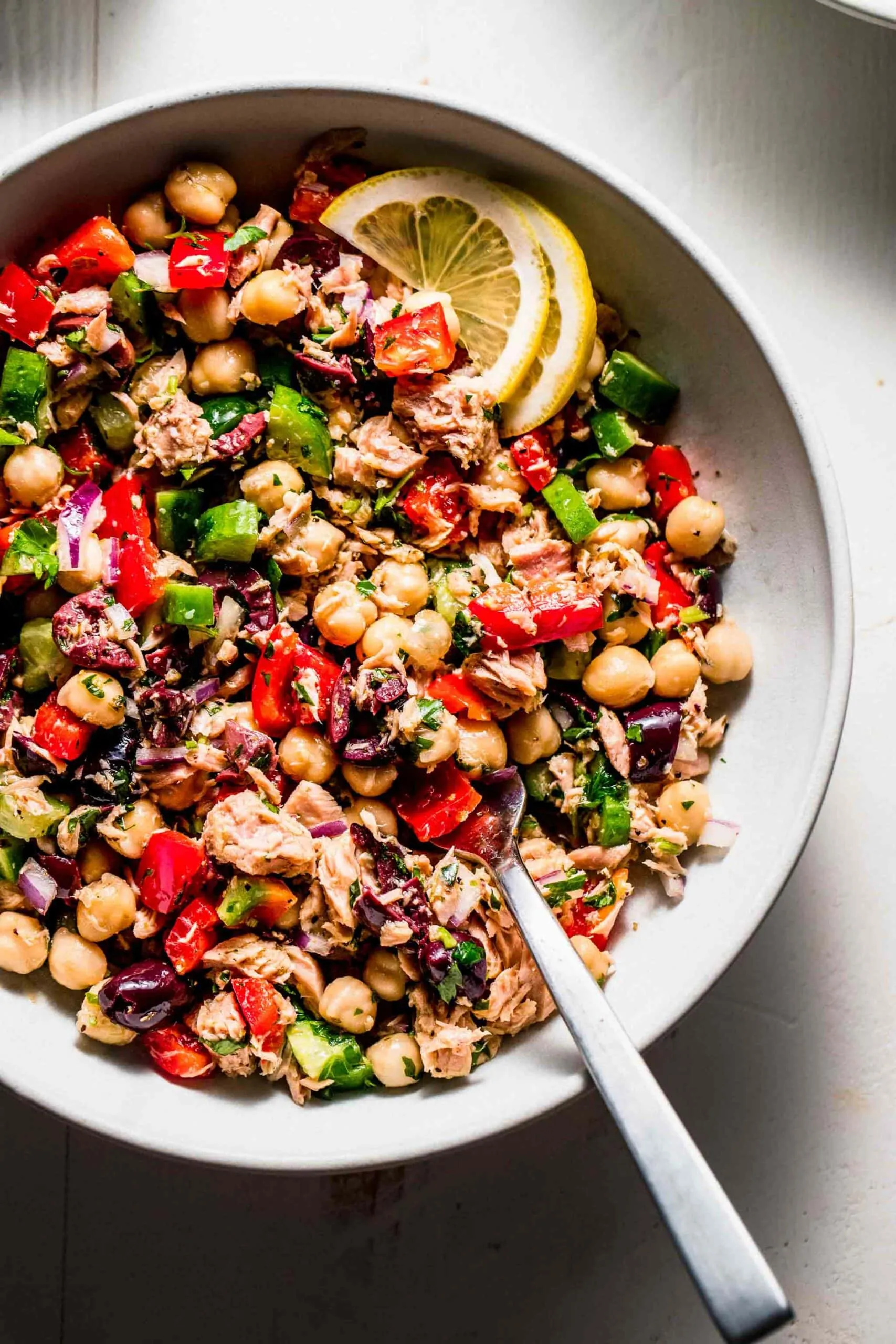 Mediterranean Tuna Chickpea Salad with Lemon Tahini Dressing