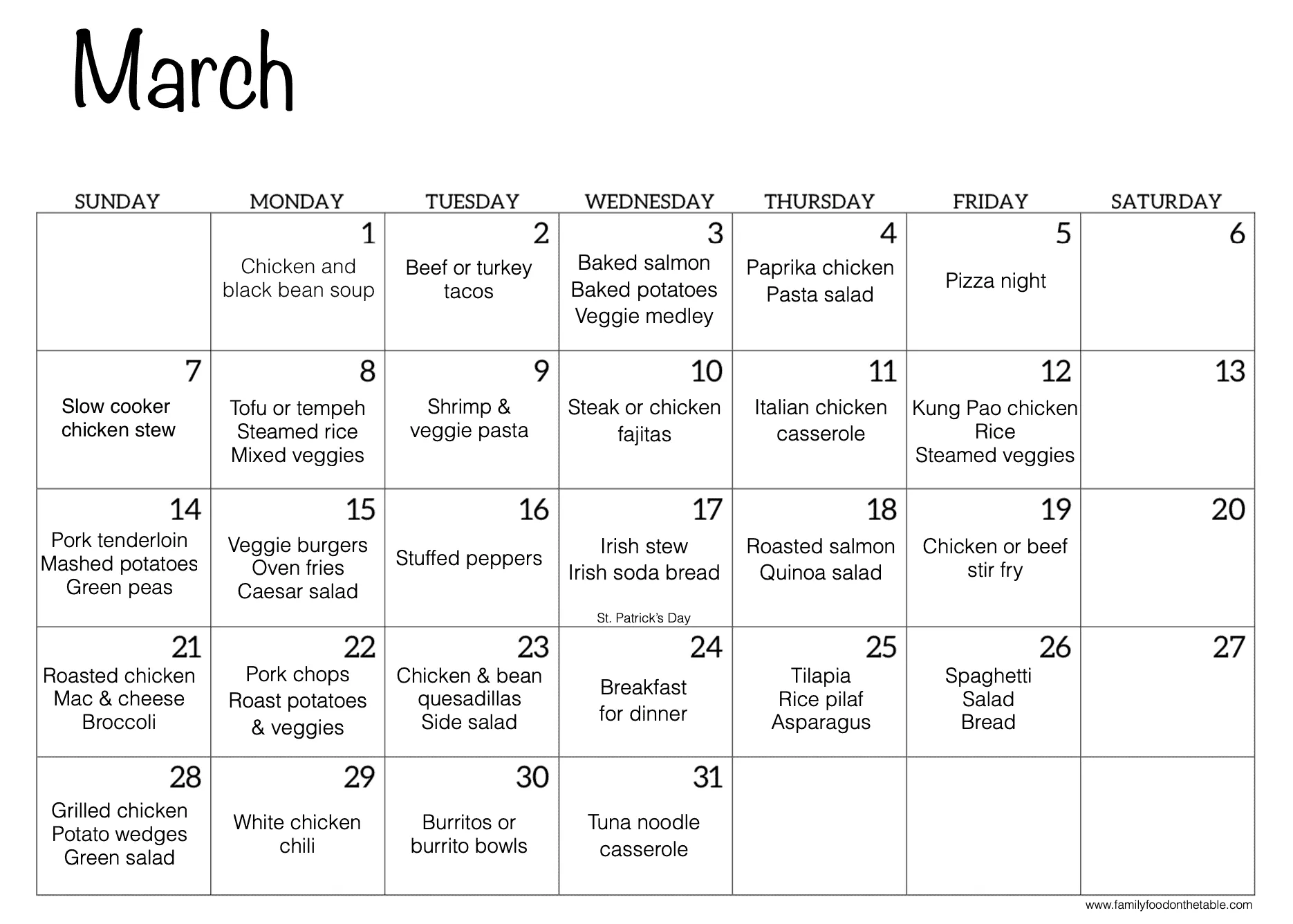 Menu Month Family Meals