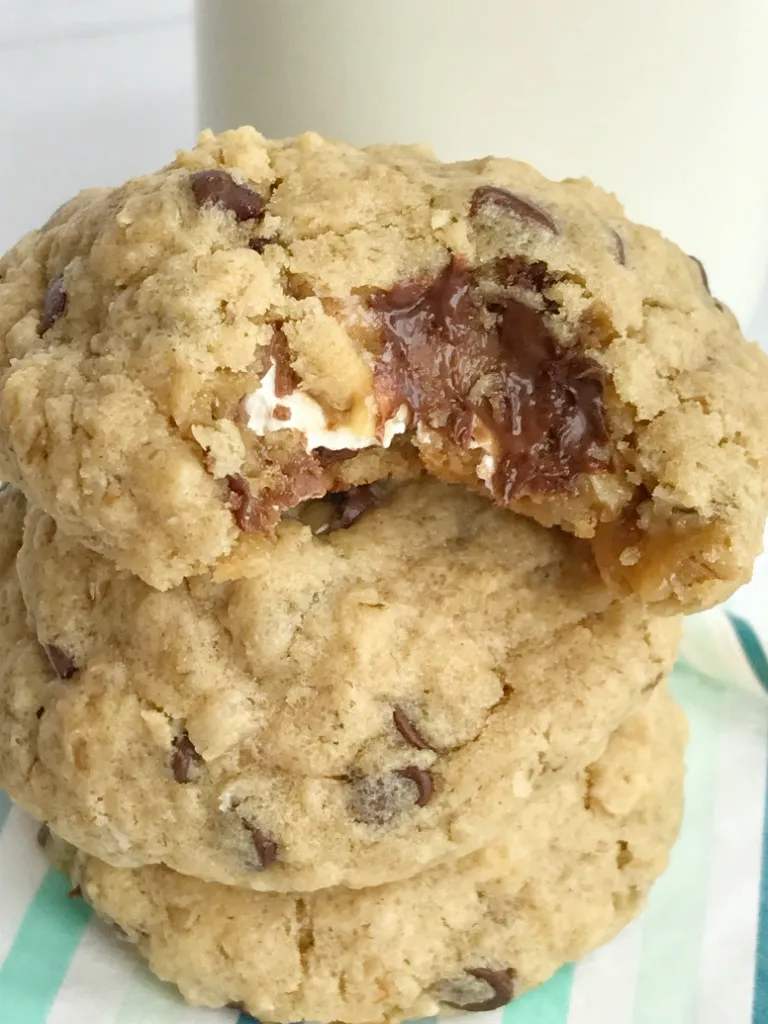 Milky Way Stuffed Peanut Butter Oatmeal Chocolate Chip Cookies