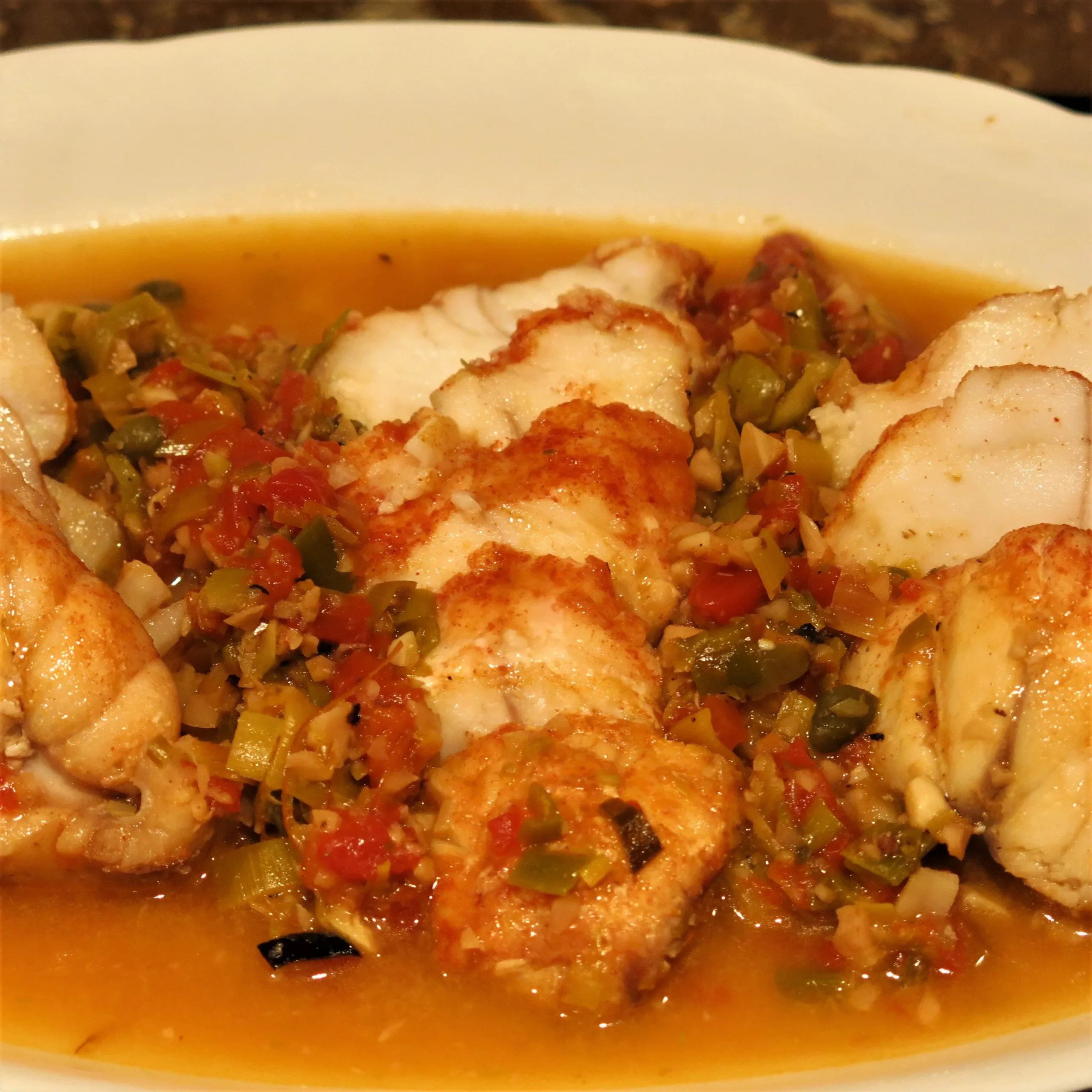 Monkfish with Almonds, Sweet Red Peppers, and Saffron