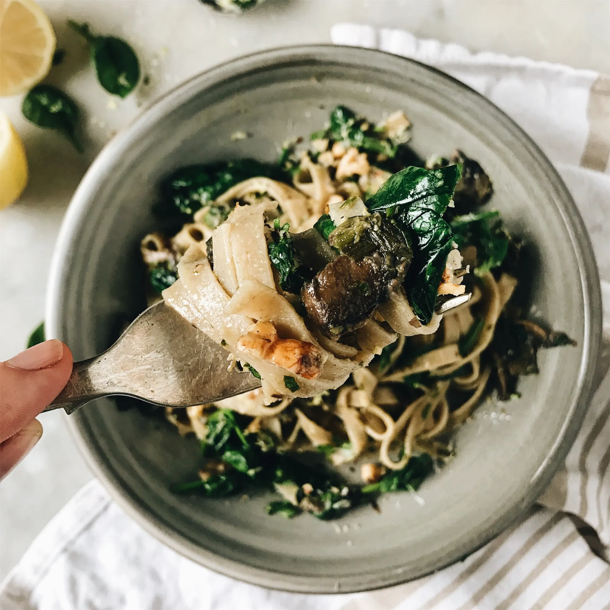 Mushroom and Spinach Fettuccine with Lemon and Walnuts